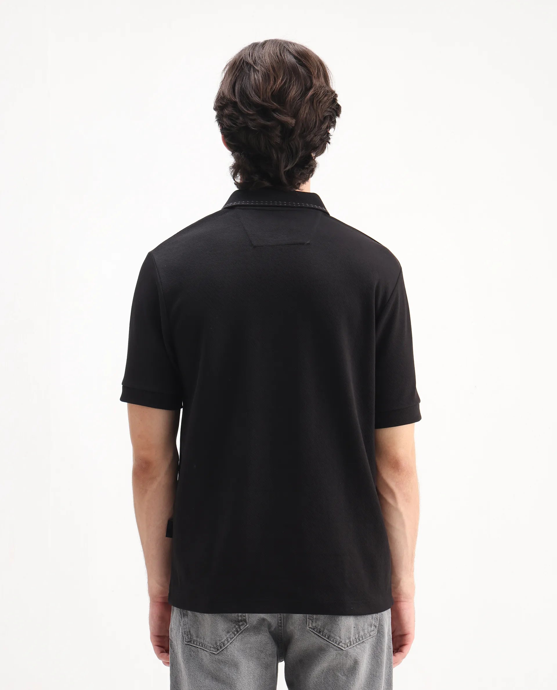 Rare Rabbit Men's Skowl Black Polyester Blend Plain Regular Fit Half Sleeve Polo