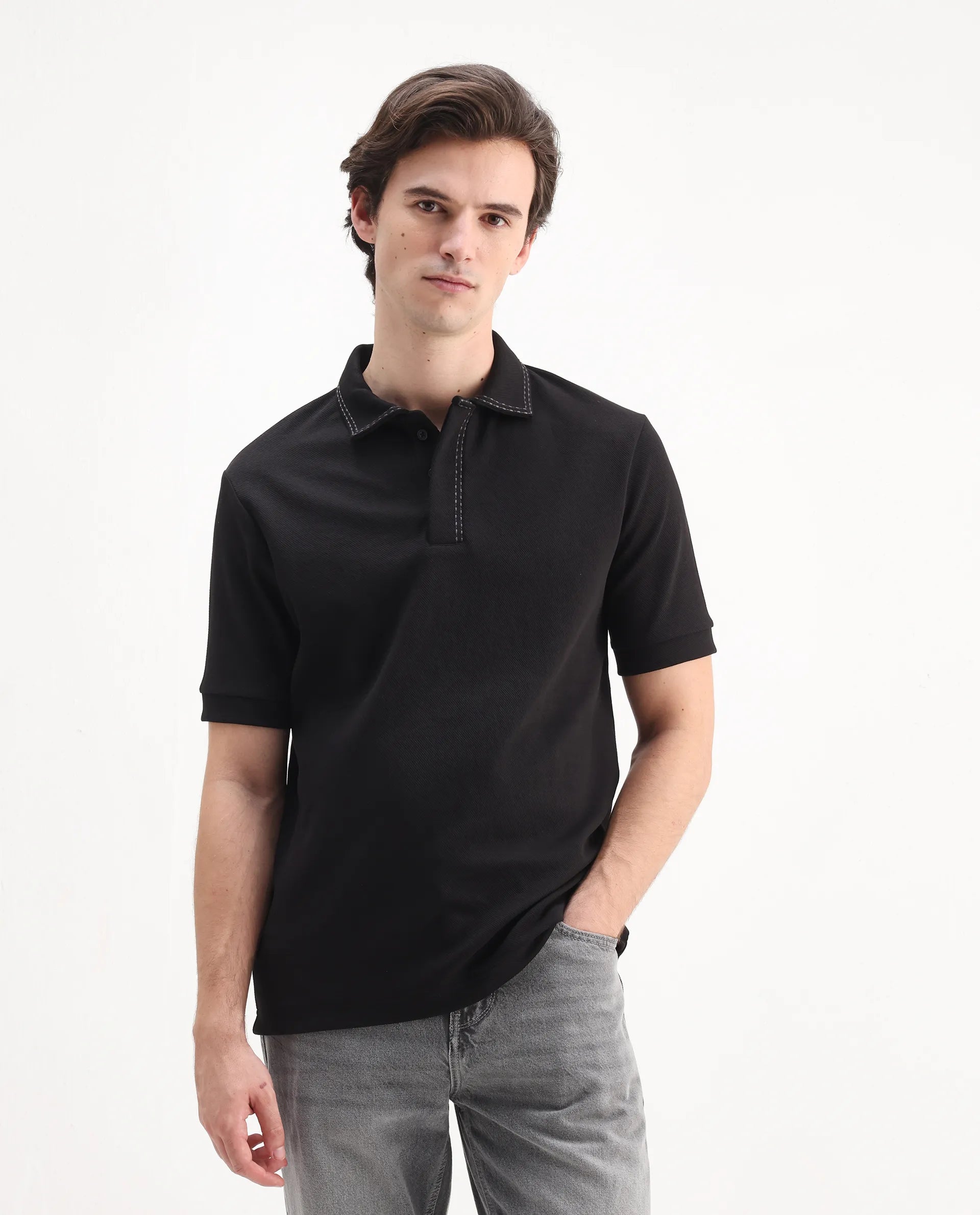 Rare Rabbit Men's Skowl Black Polyester Blend Plain Regular Fit Half Sleeve Polo