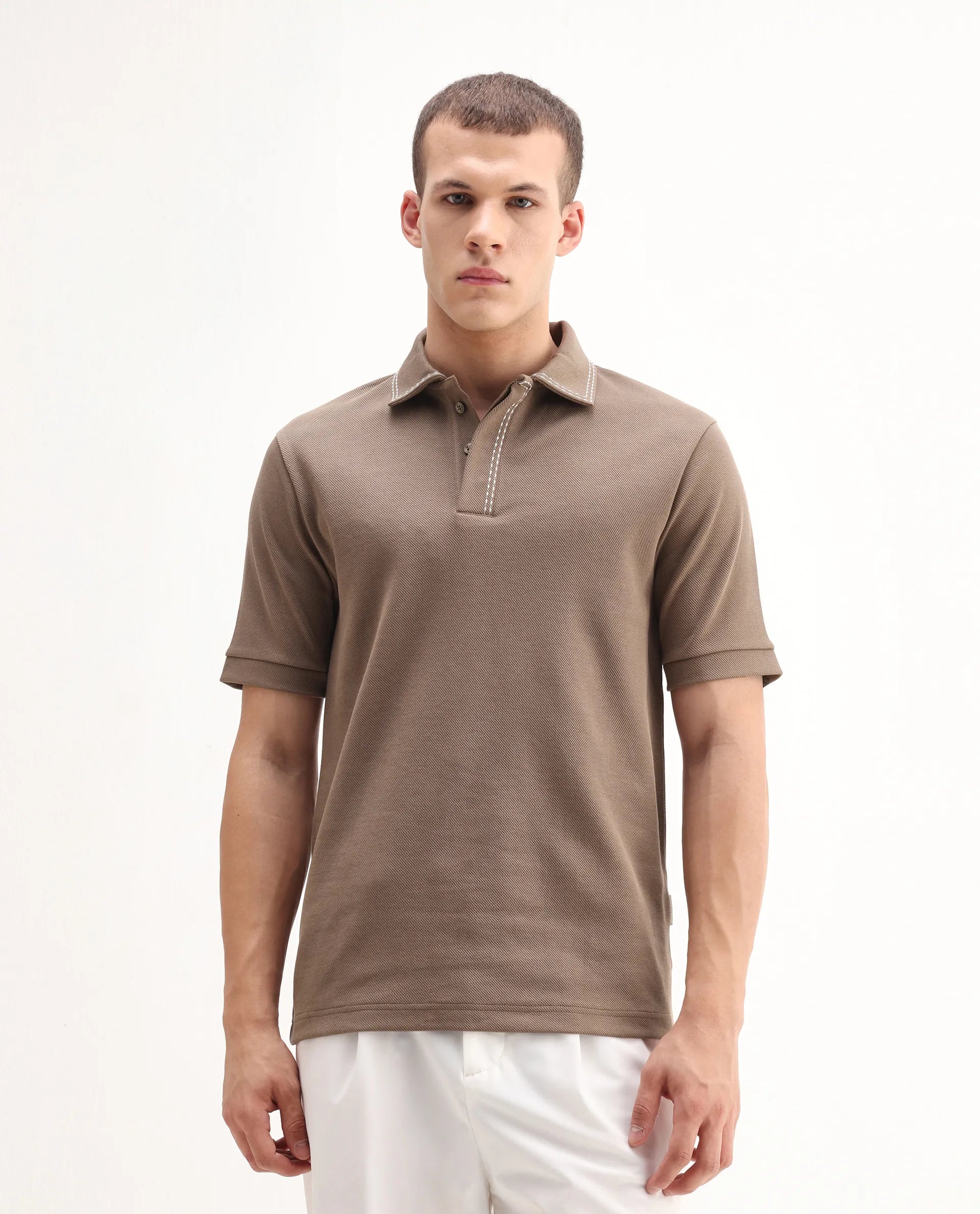 Rare Rabbit Men's Skowl Dusky Brown Polyester Blend Plain Regular Fit Half Sleeve Polo