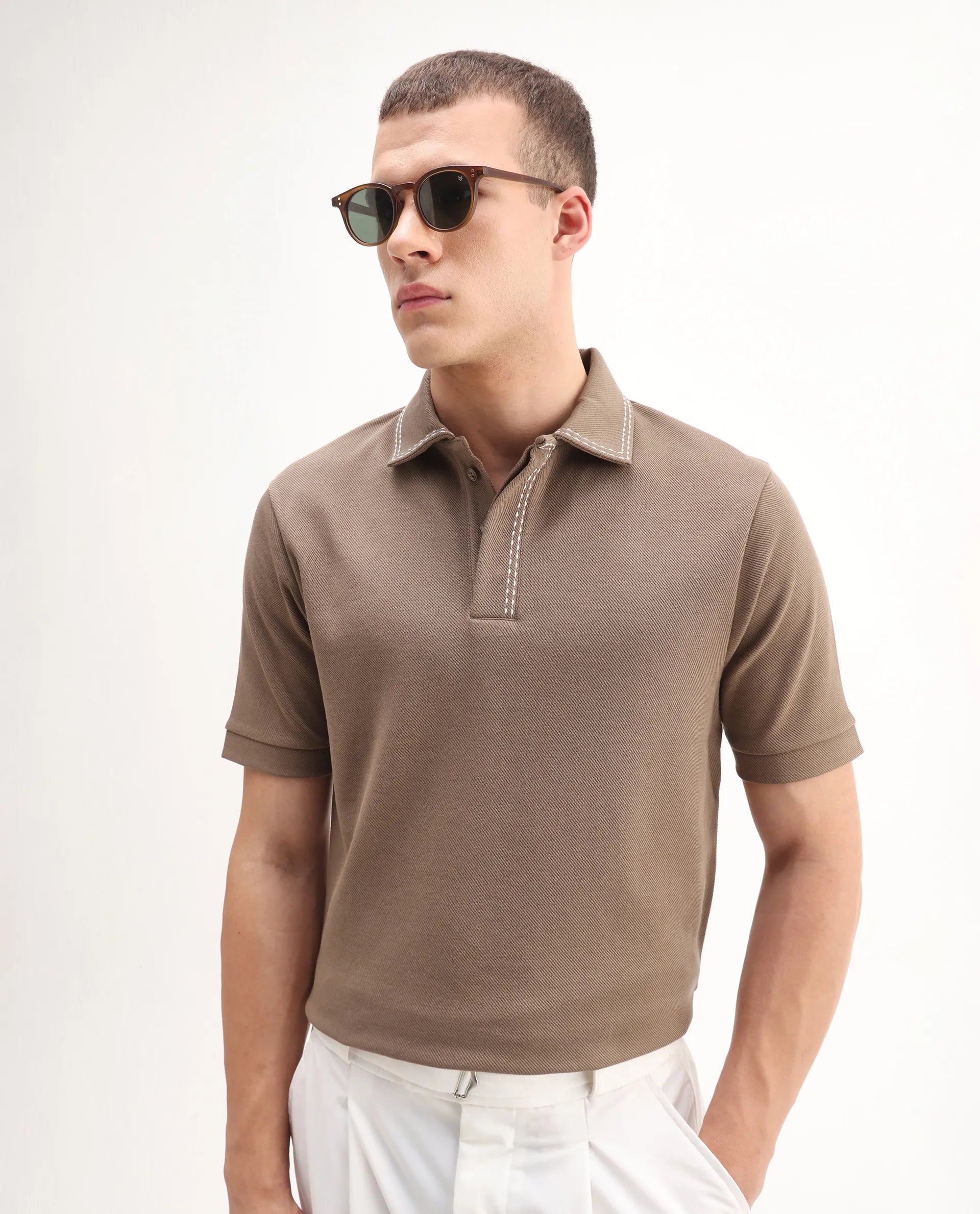 Rare Rabbit Men's Skowl Dusky Brown Polyester Blend Plain Regular Fit Half Sleeve Polo