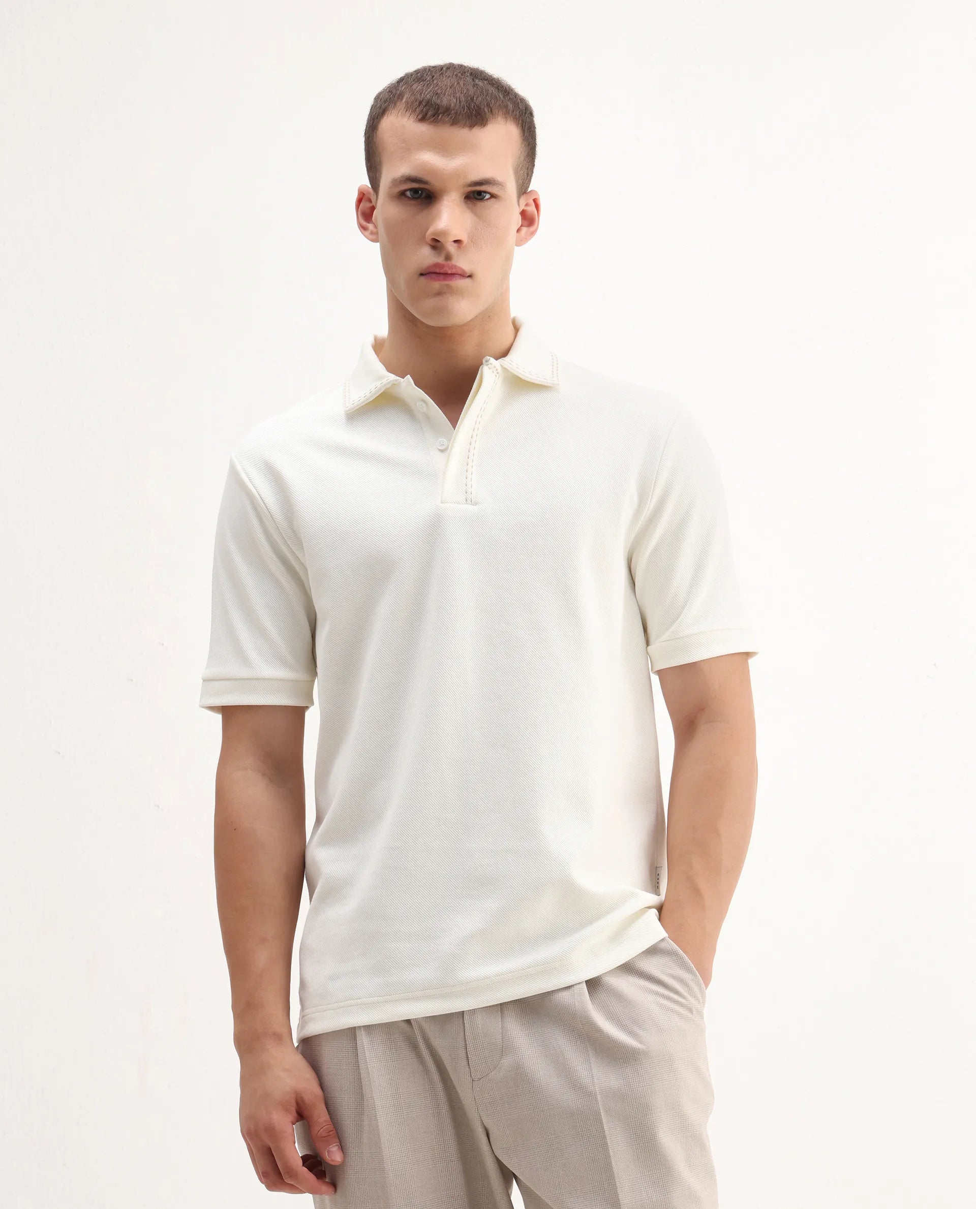 Rare Rabbit Men's Skowl Off White Polyester Blend Plain Regular Fit Half Sleeve Polo