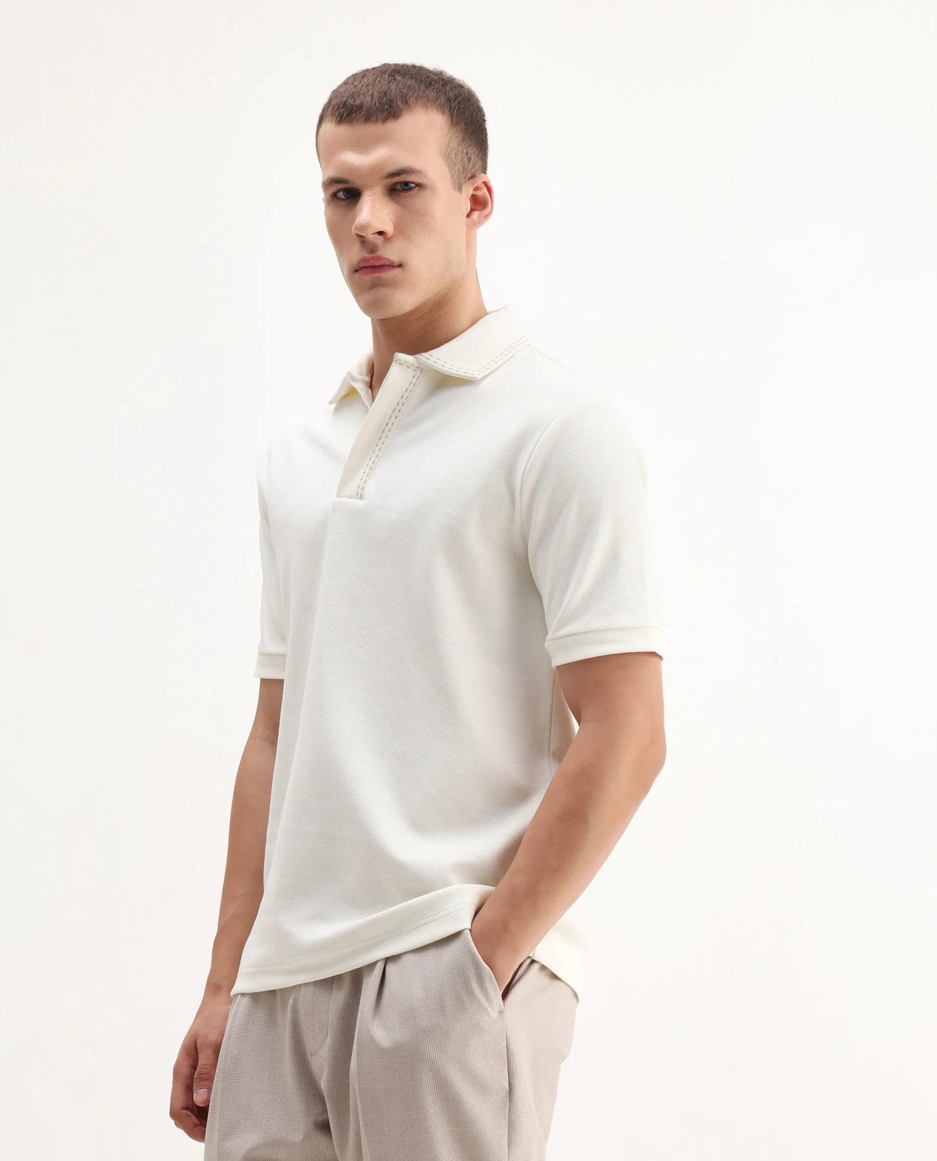 Rare Rabbit Men's Skowl Off White Polyester Blend Plain Regular Fit Half Sleeve Polo