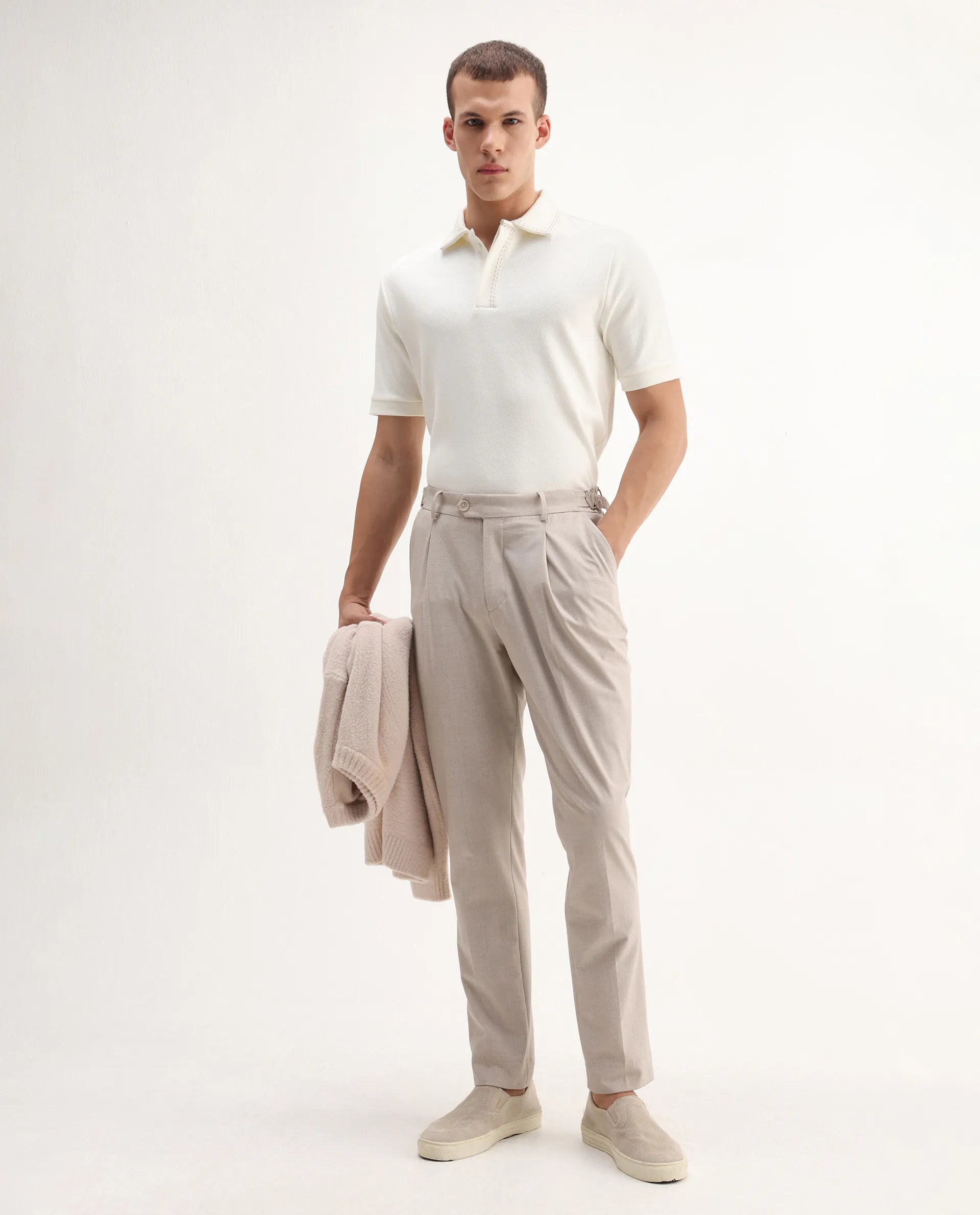 Rare Rabbit Men's Skowl Off White Polyester Blend Plain Regular Fit Half Sleeve Polo