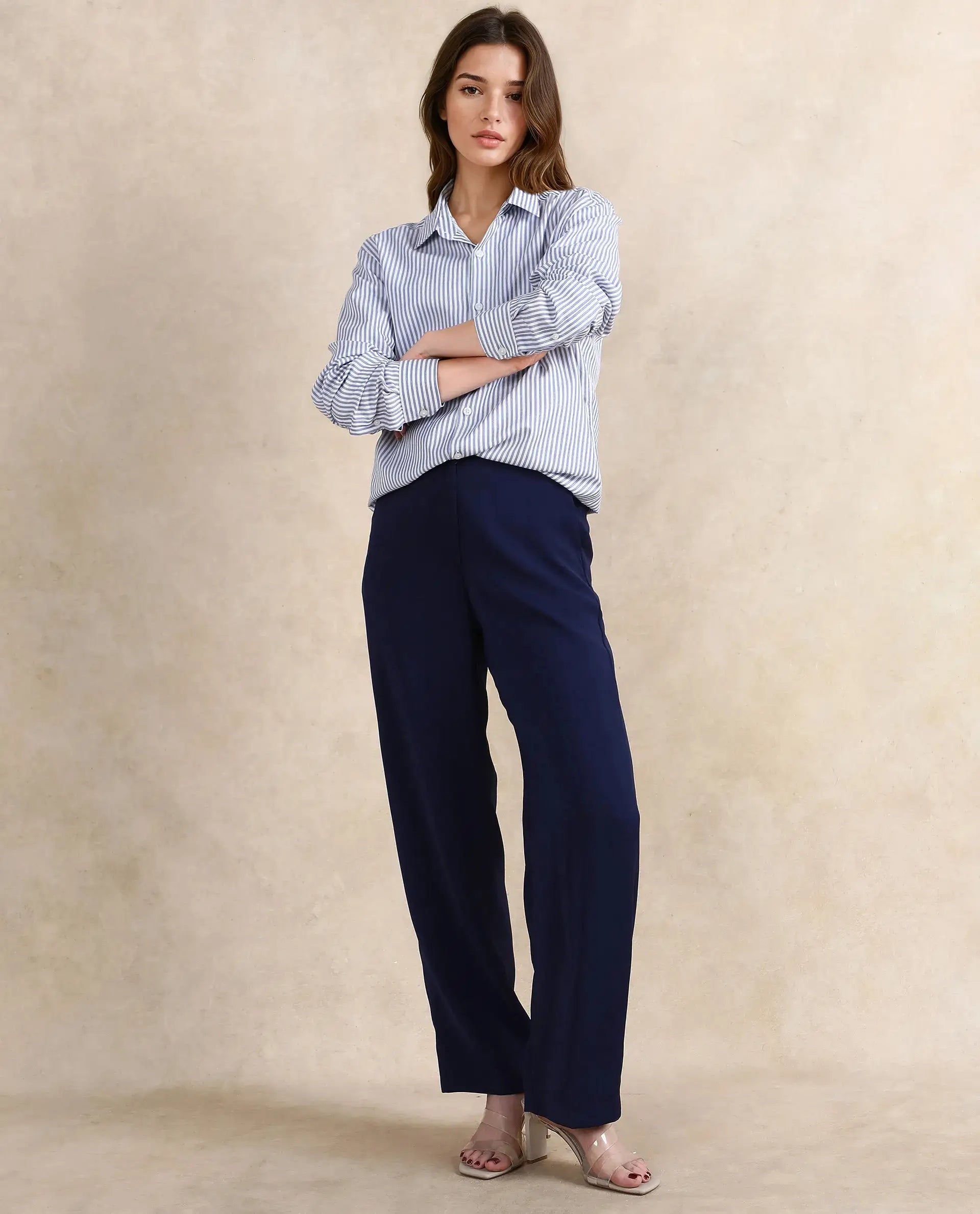 Rareism Women Skrein Navy Straight Fit Plain Trouser