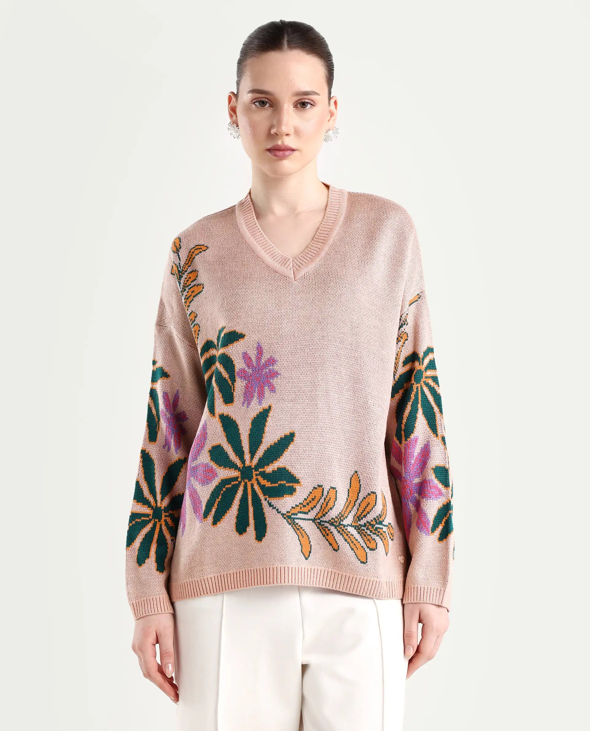Rareism Women's Skyer Pink Acrylic V-Neck Floral Print Relaxed Fit Sweater