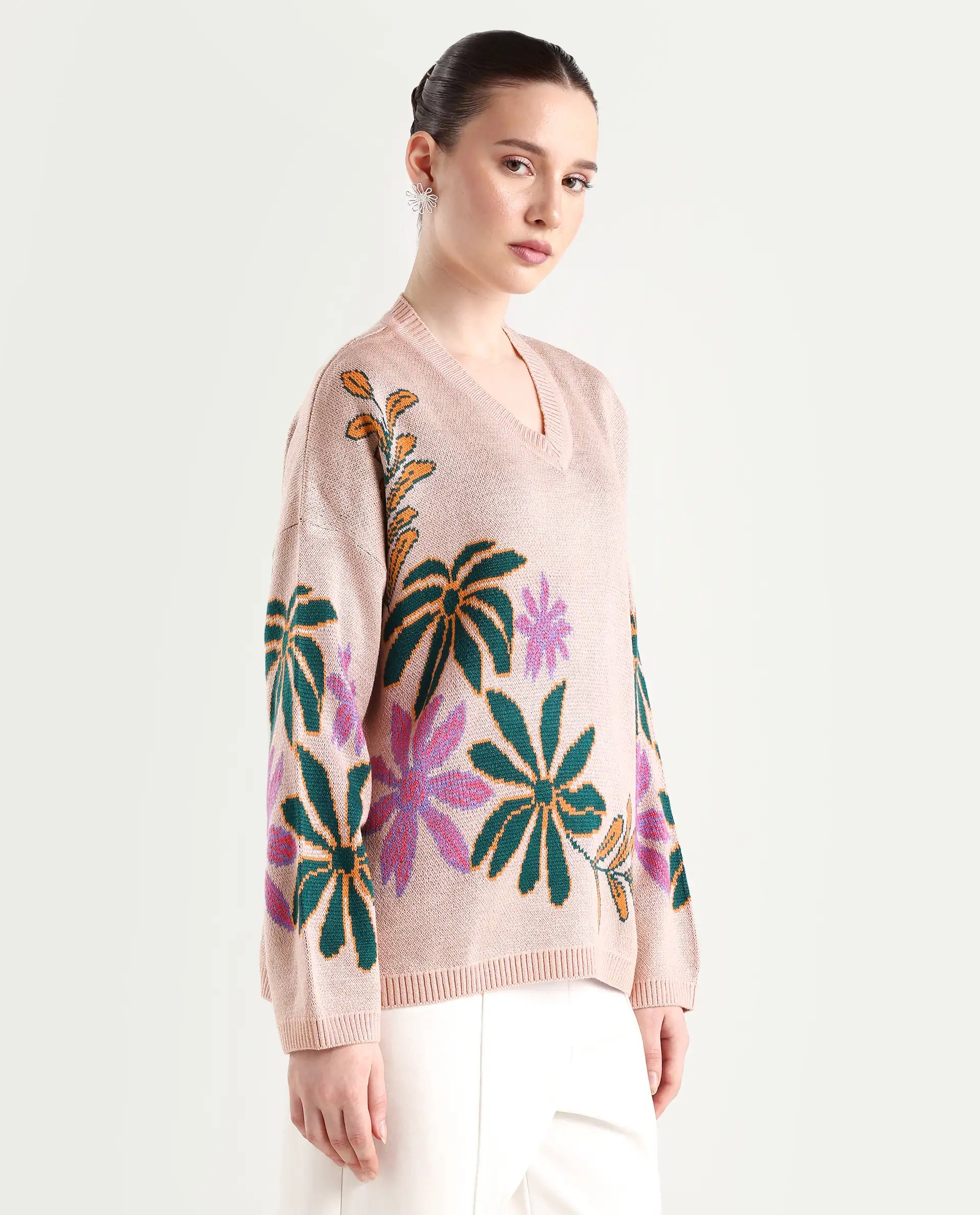 Rareism Women's Skyer Pink Acrylic V-Neck Floral Print Relaxed Fit Sweater