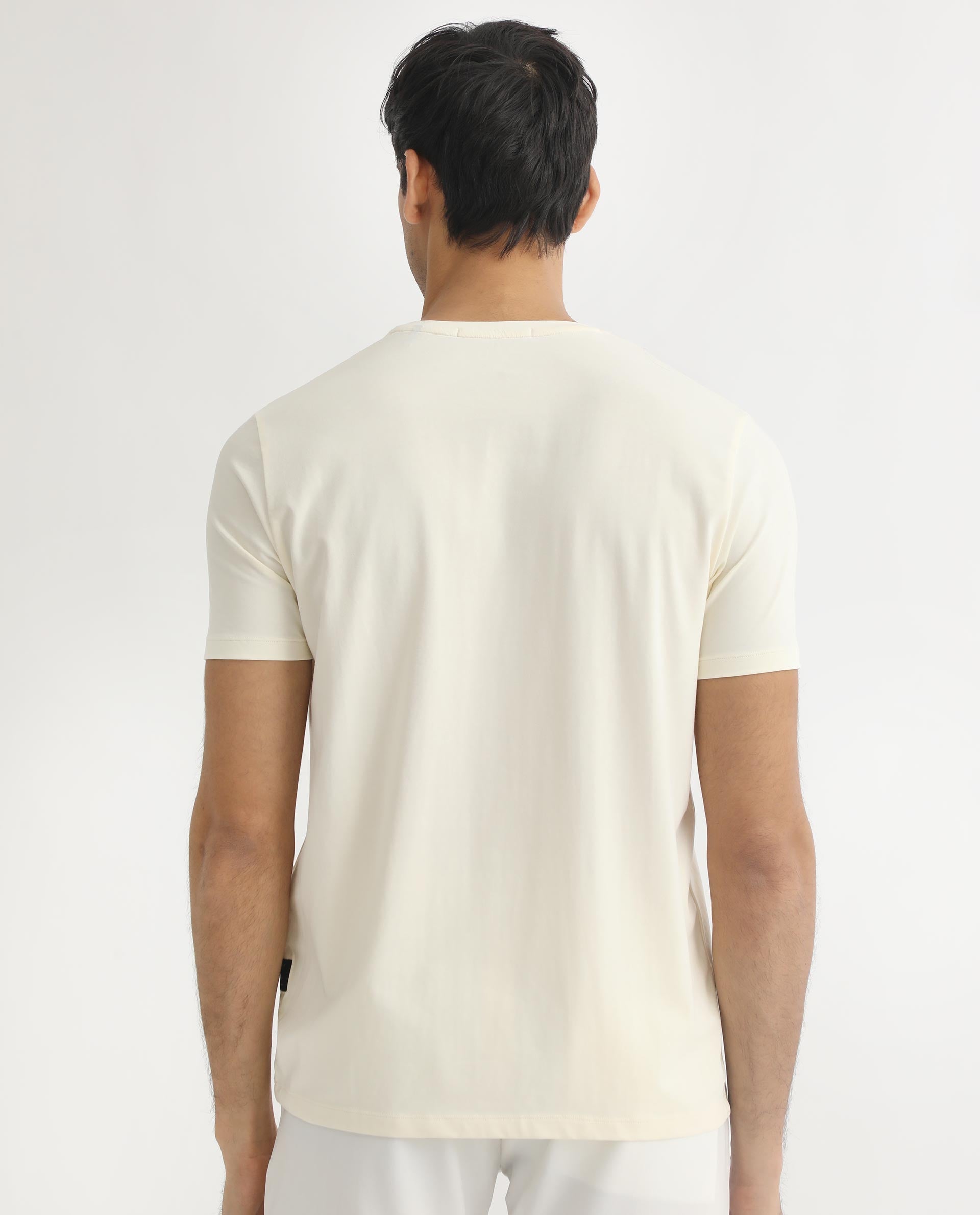 Rare Rabbit Men's Skyy Off-White Crew Neck Discharge Floral Print Graphic Half Sleeves T-Shirt