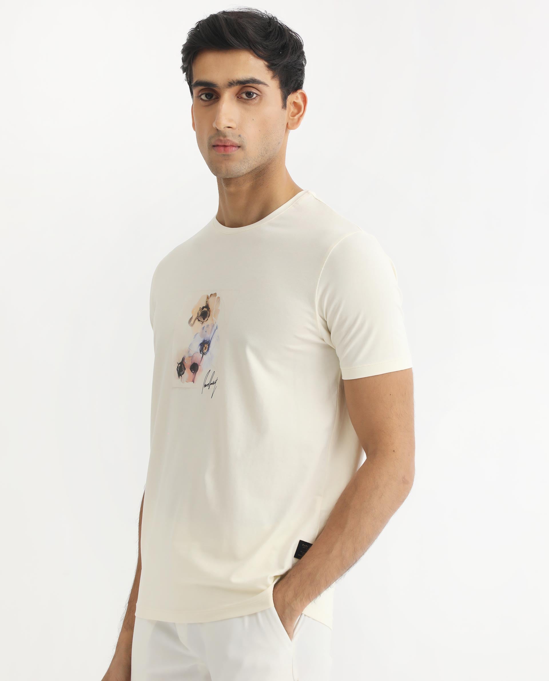 Rare Rabbit Men's Skyy Off-White Crew Neck Discharge Floral Print Graphic Half Sleeves T-Shirt