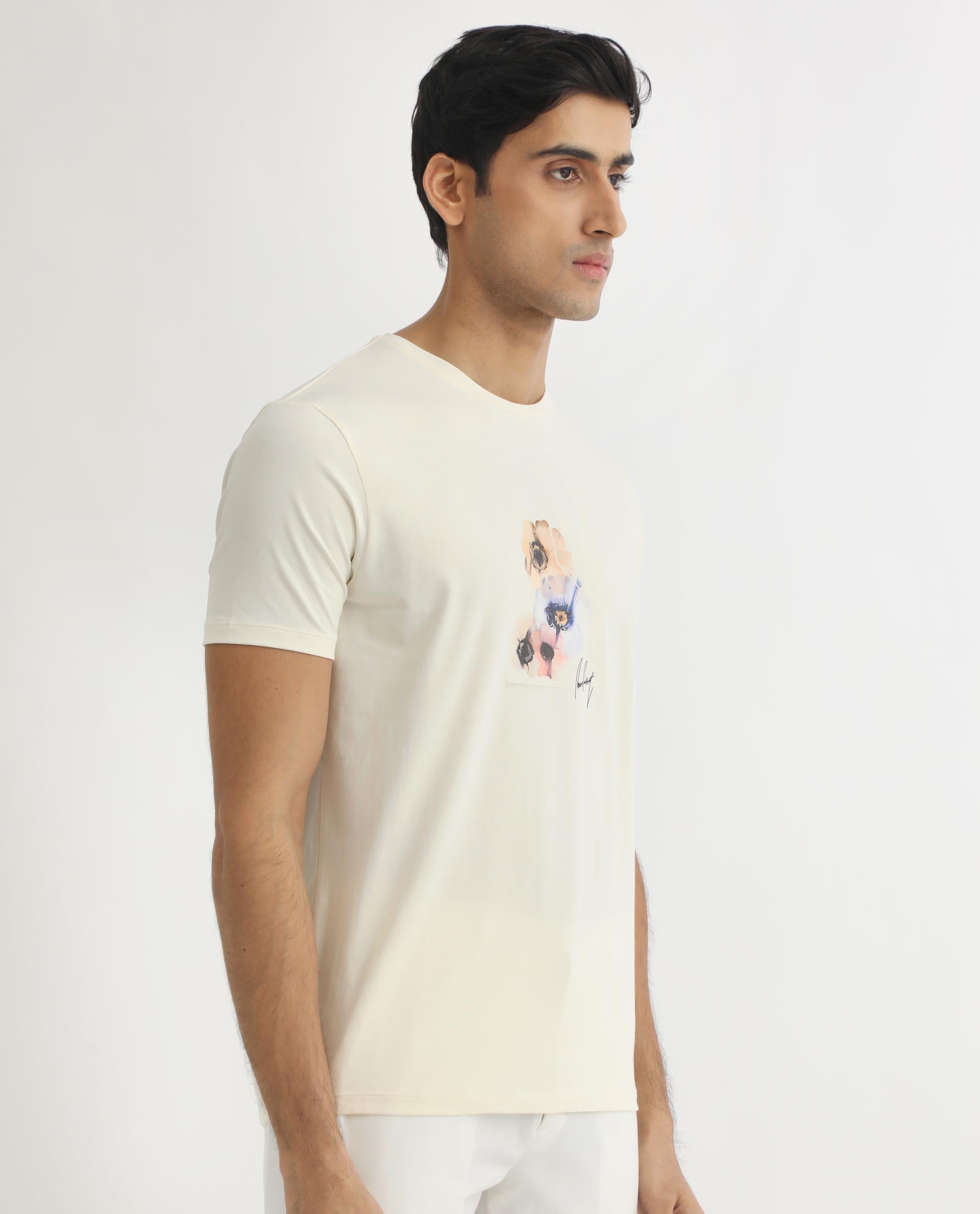 Rare Rabbit Men's Skyy Off-White Crew Neck Discharge Floral Print Graphic Half Sleeves T-Shirt