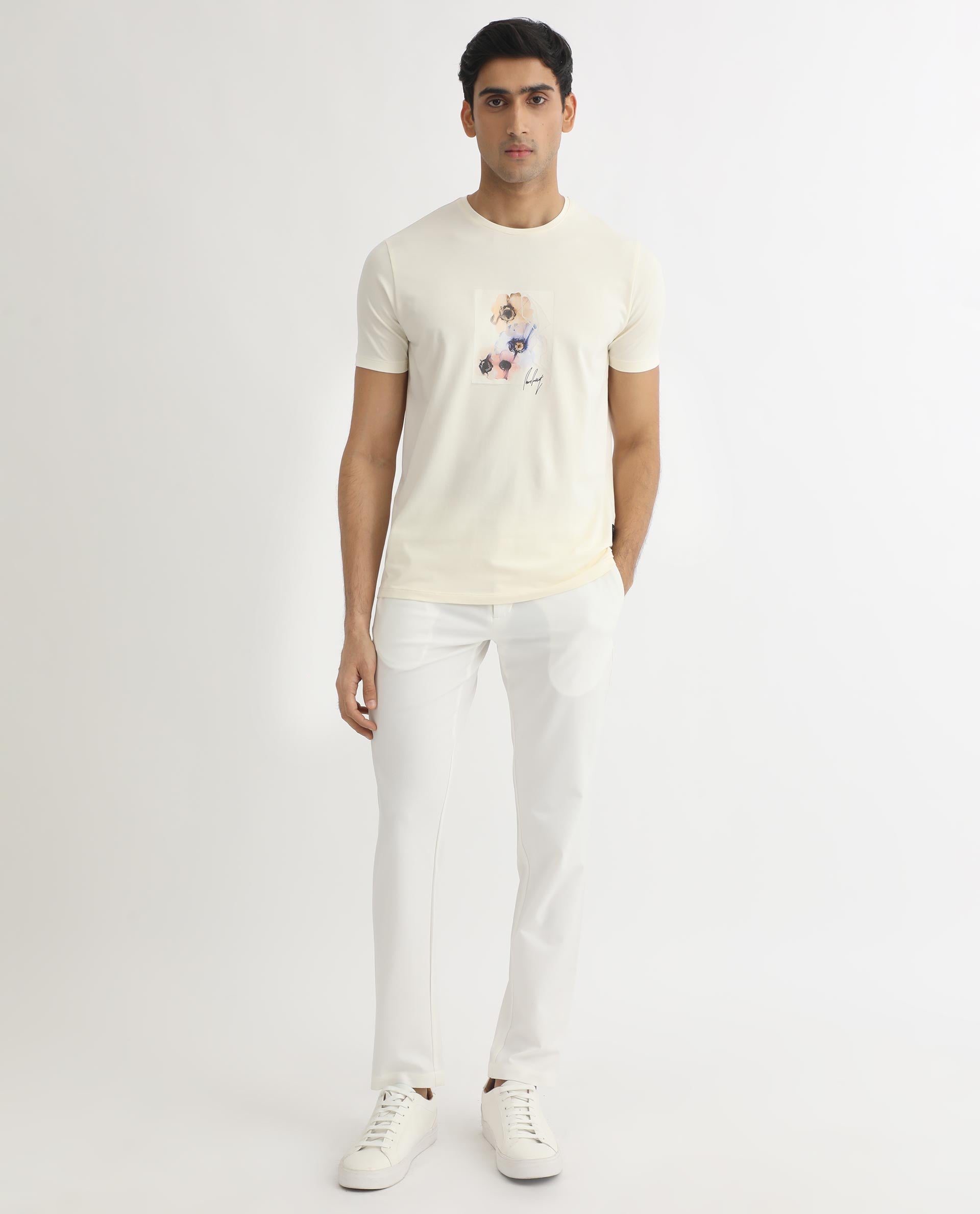 Rare Rabbit Men's Skyy Off-White Crew Neck Discharge Floral Print Graphic Half Sleeves T-Shirt