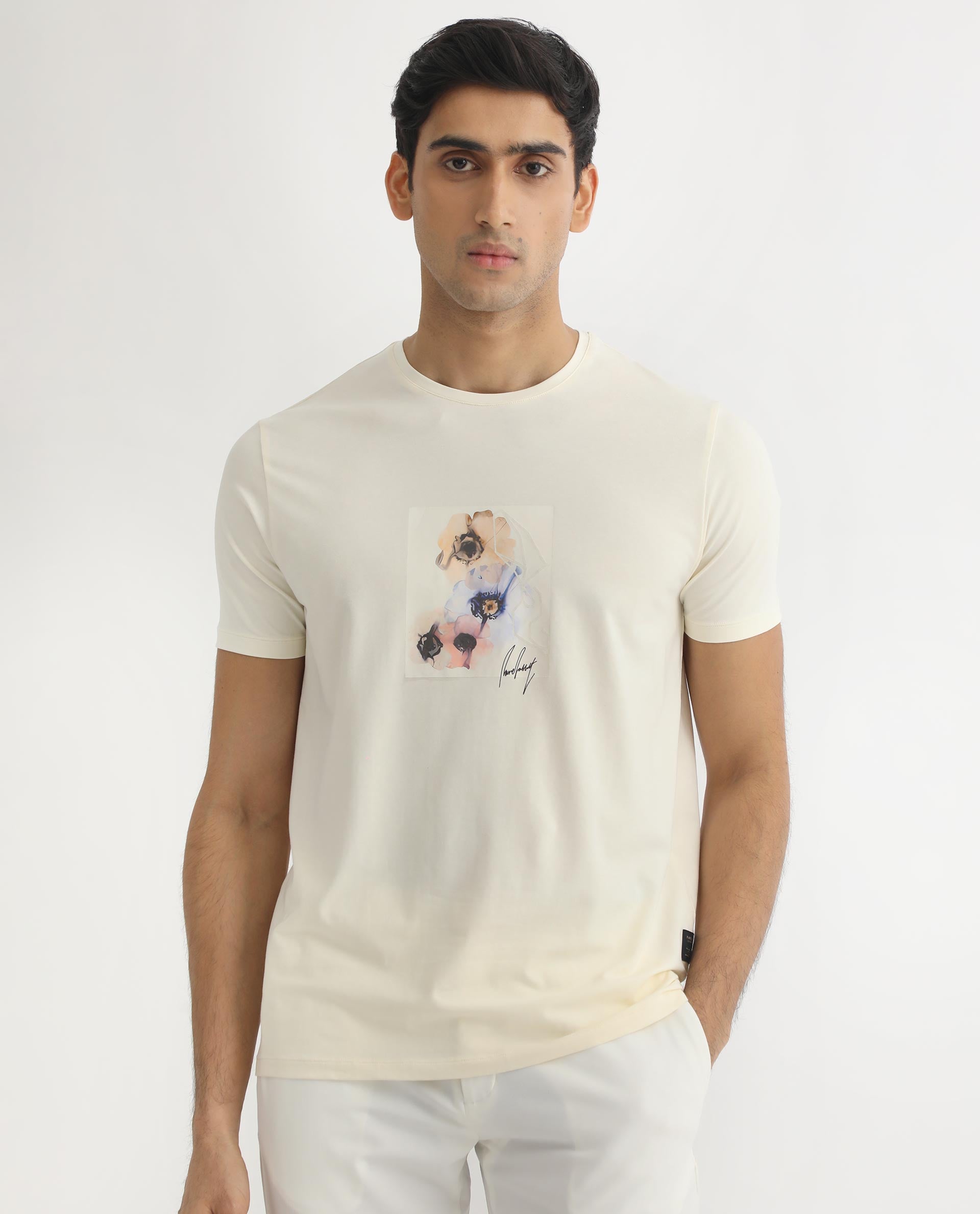 Rare Rabbit Men's Skyy Off-White Crew Neck Discharge Floral Print Graphic Half Sleeves T-Shirt