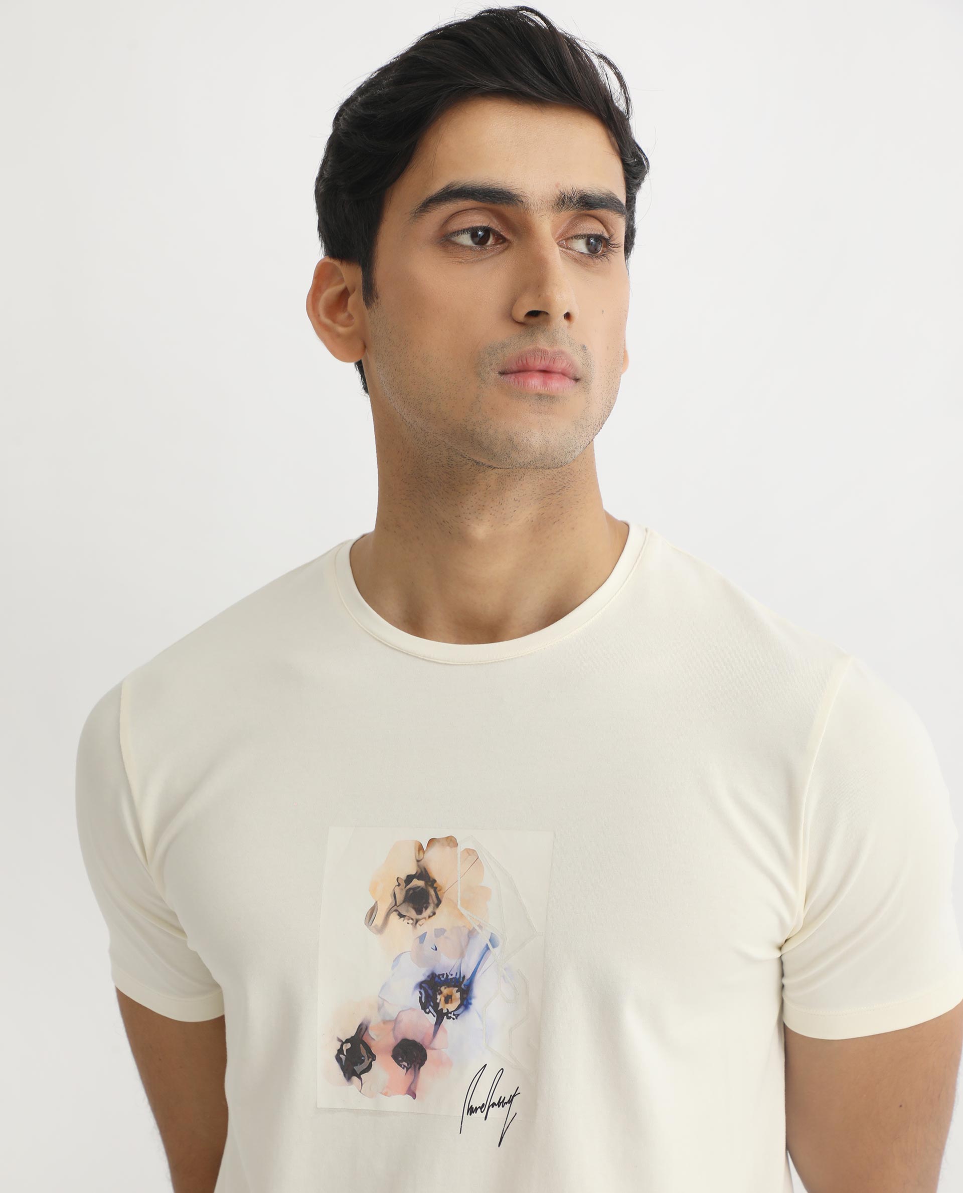 Rare Rabbit Men's Skyy Off-White Crew Neck Discharge Floral Print Graphic Half Sleeves T-Shirt