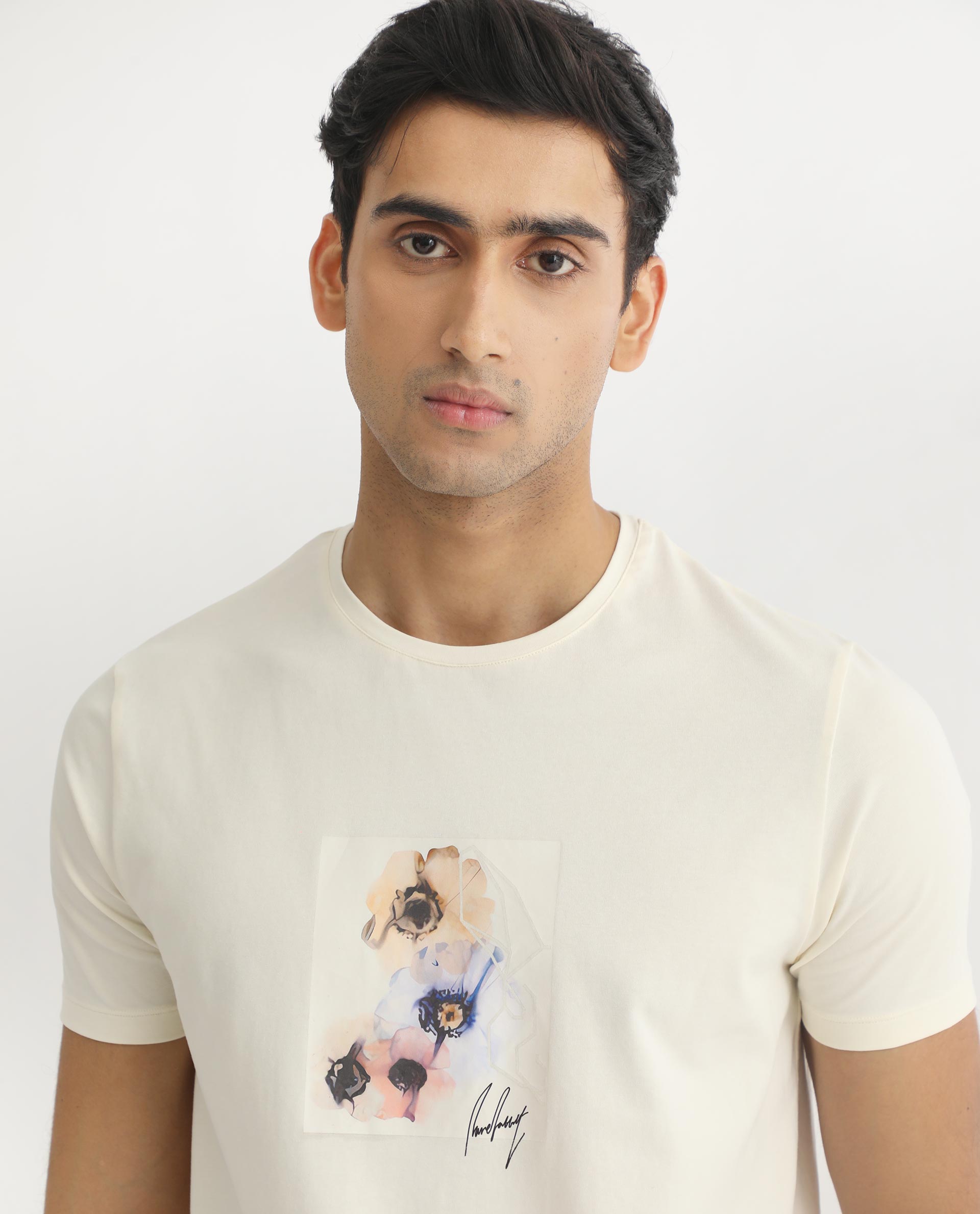 Rare Rabbit Men's Skyy Off-White Crew Neck Discharge Floral Print Graphic Half Sleeves T-Shirt