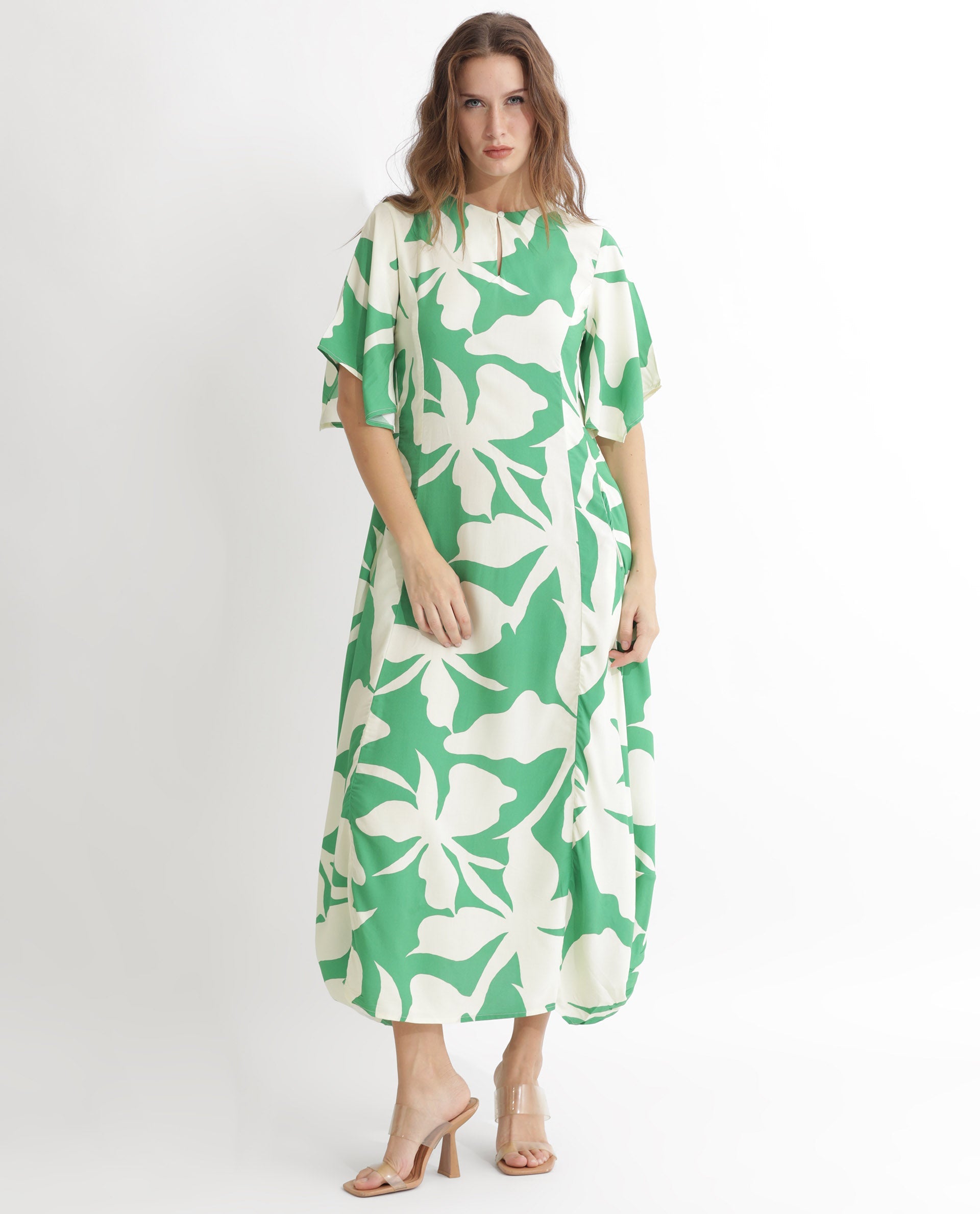 Rareism Women Slager Green Abstract Print Round Neck With Key Hole Button Half Sleeves And Pocket Midi Dress