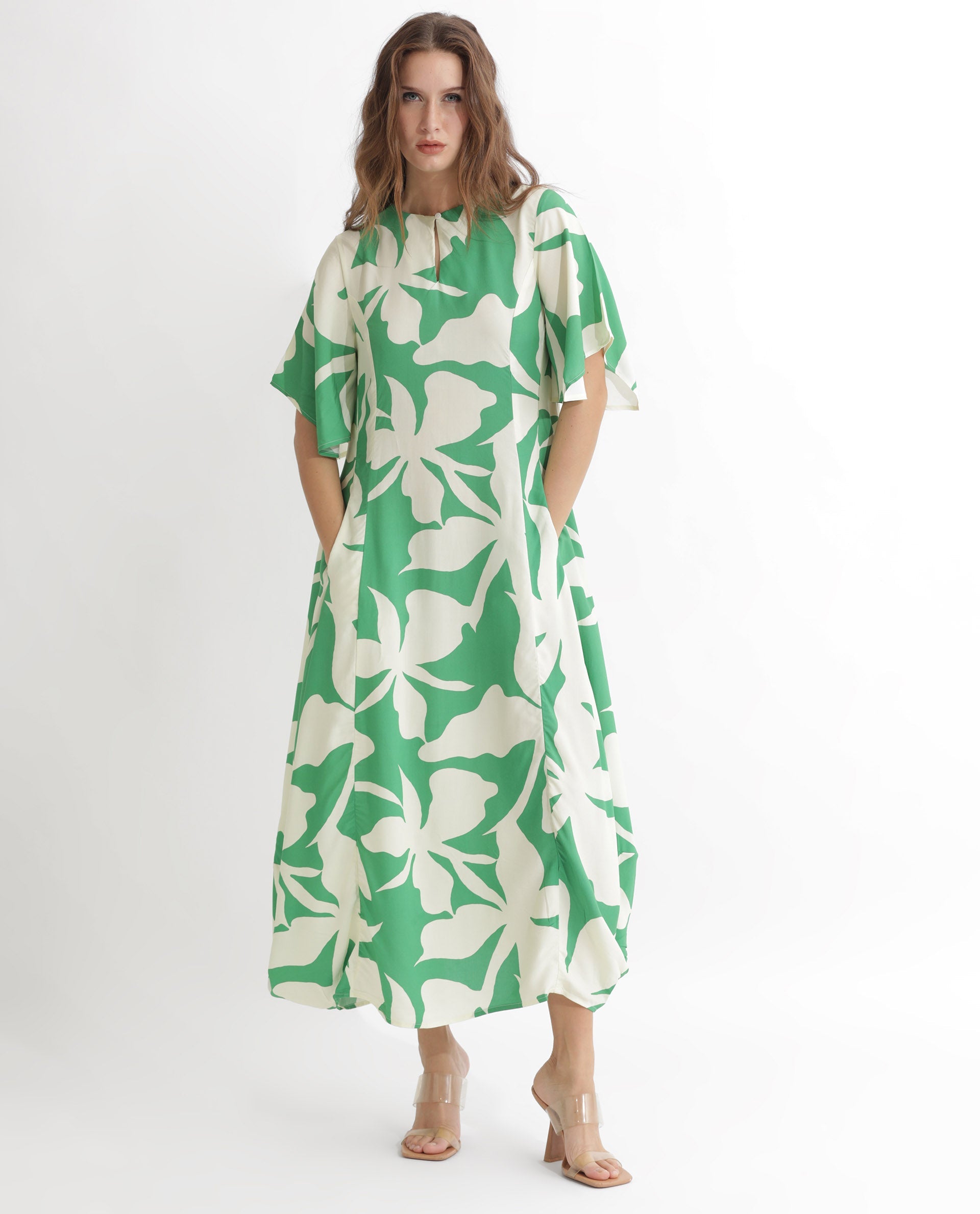 Rareism Women Slager Green Abstract Print Round Neck With Key Hole Button Half Sleeves And Pocket Midi Dress