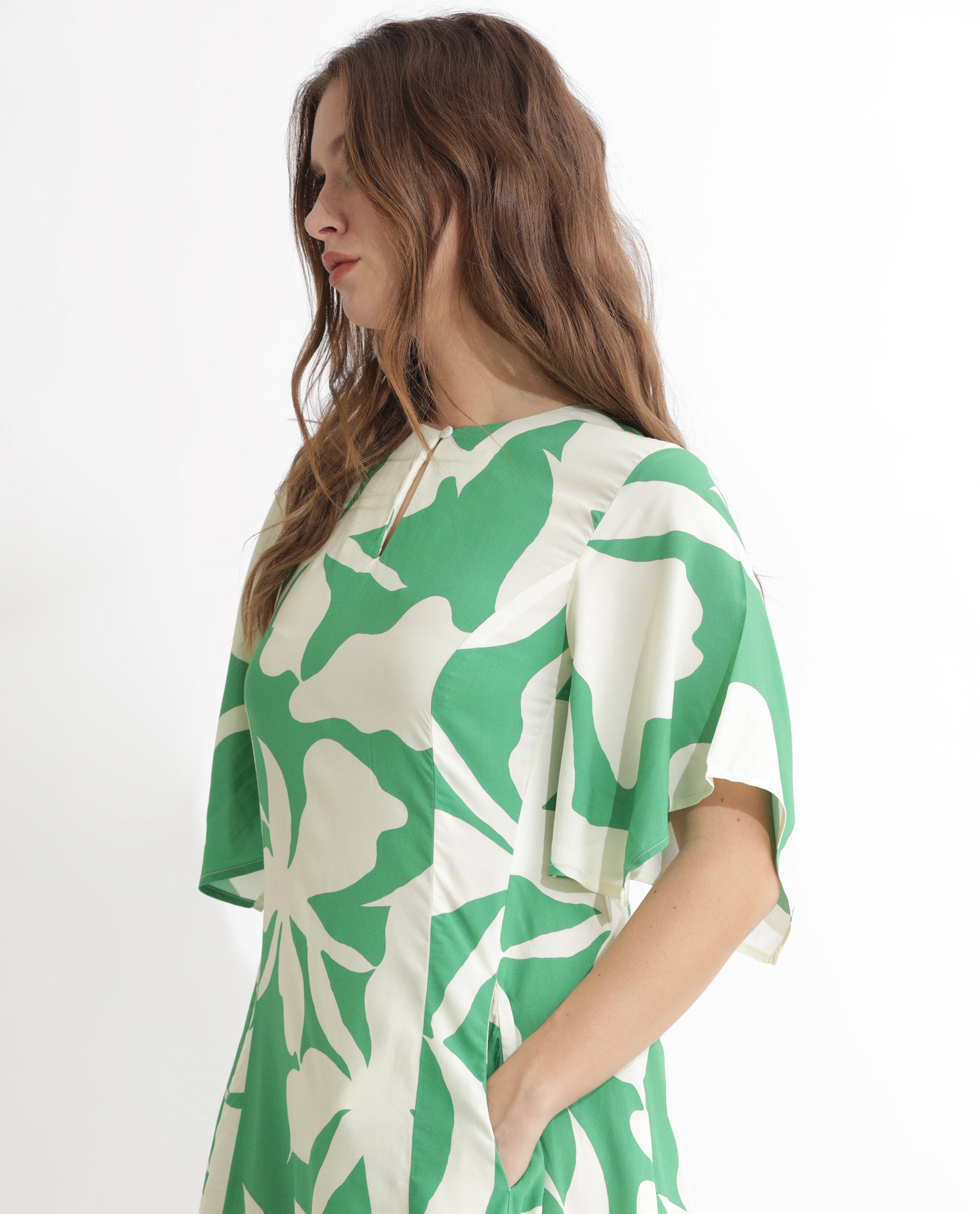 Rareism Women Slager Green Abstract Print Round Neck With Key Hole Button Half Sleeves And Pocket Midi Dress