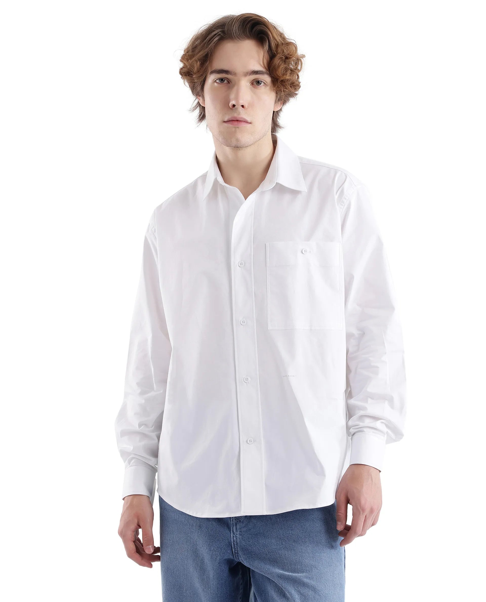 Rare Rabbit Men's Slander White Cotton Fabric Full Sleeve Button Closure Plain Shirt