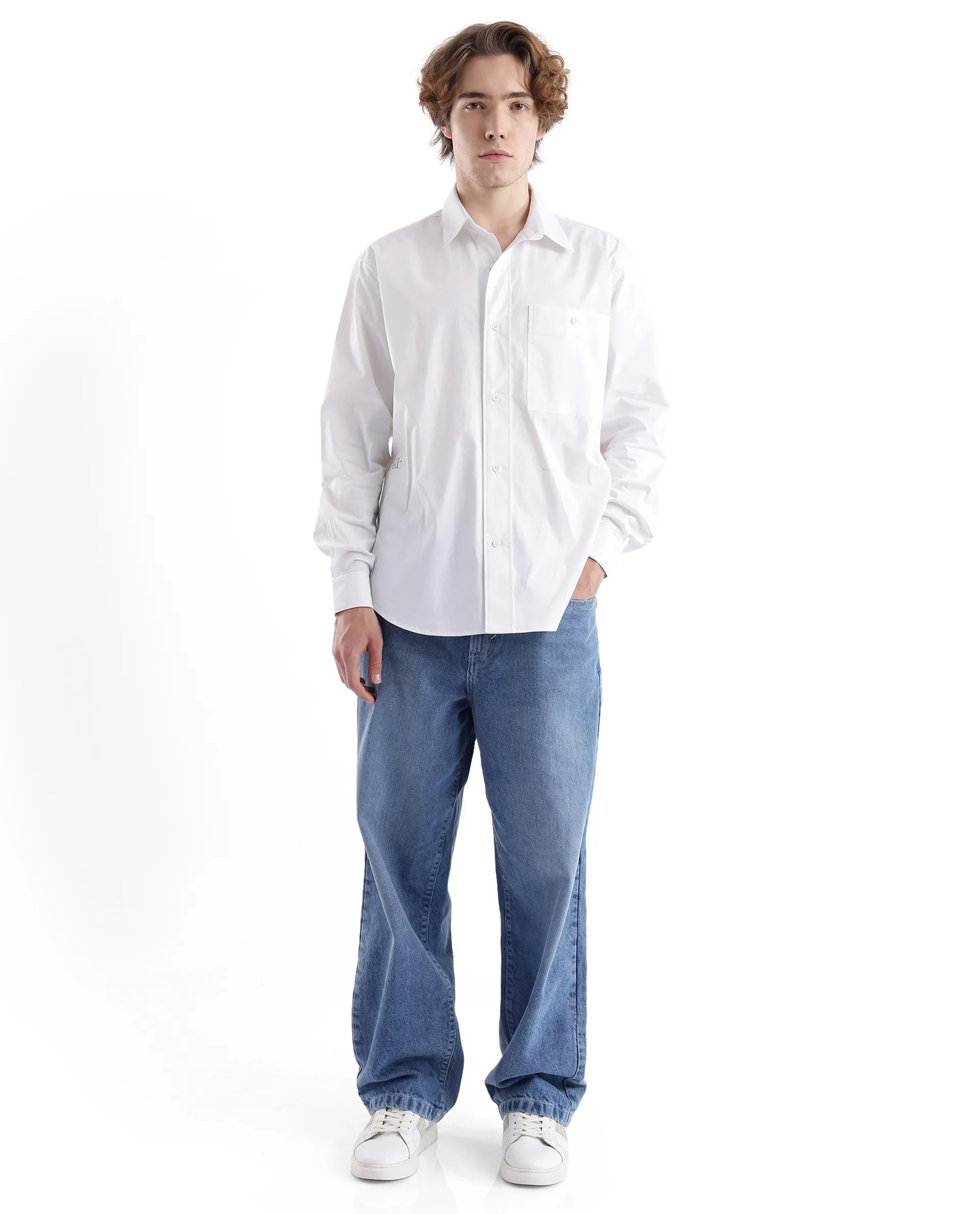 Rare Rabbit Men's Slander White Cotton Fabric Full Sleeve Button Closure Plain Shirt