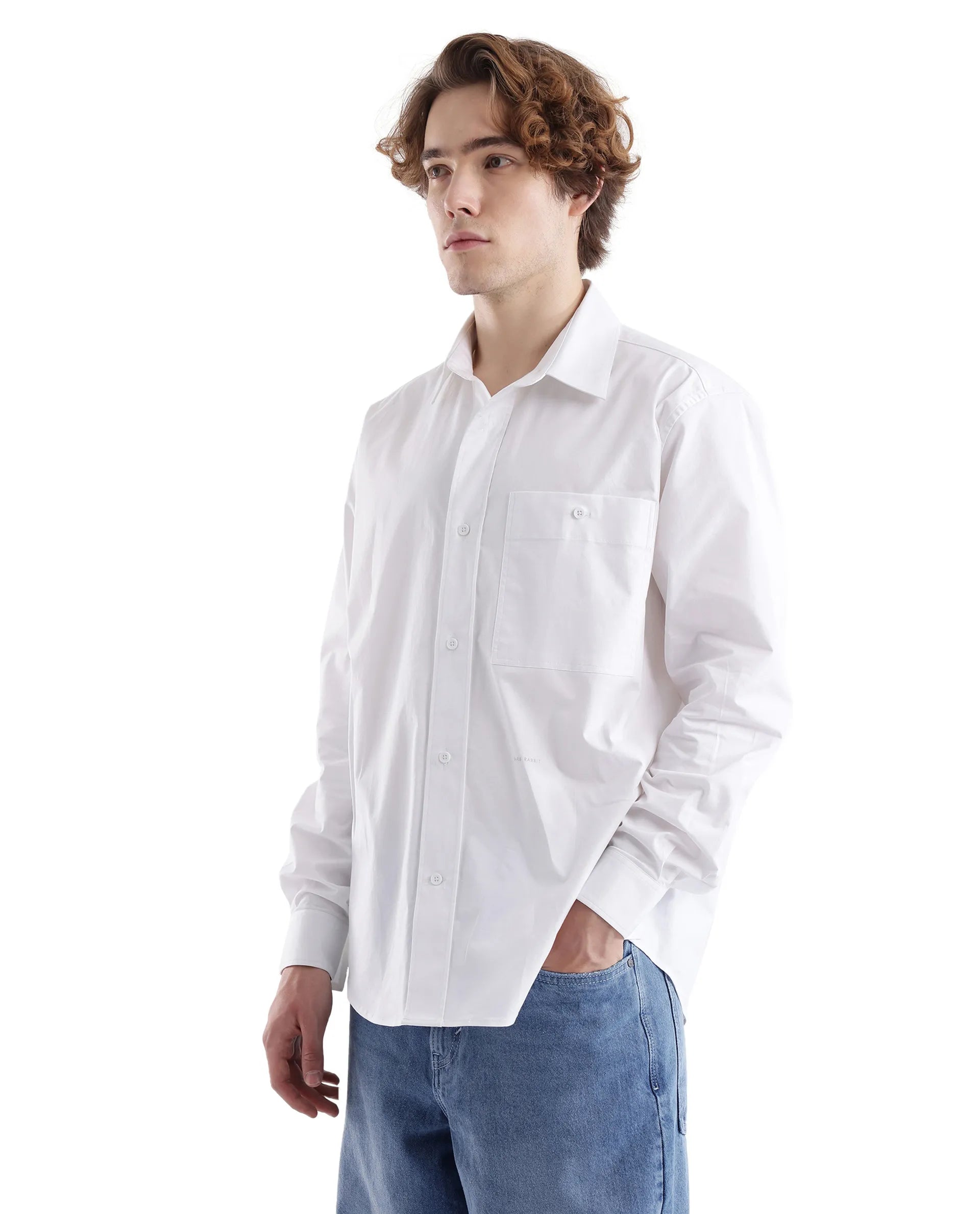 Rare Rabbit Men's Slander White Cotton Fabric Full Sleeve Button Closure Plain Shirt