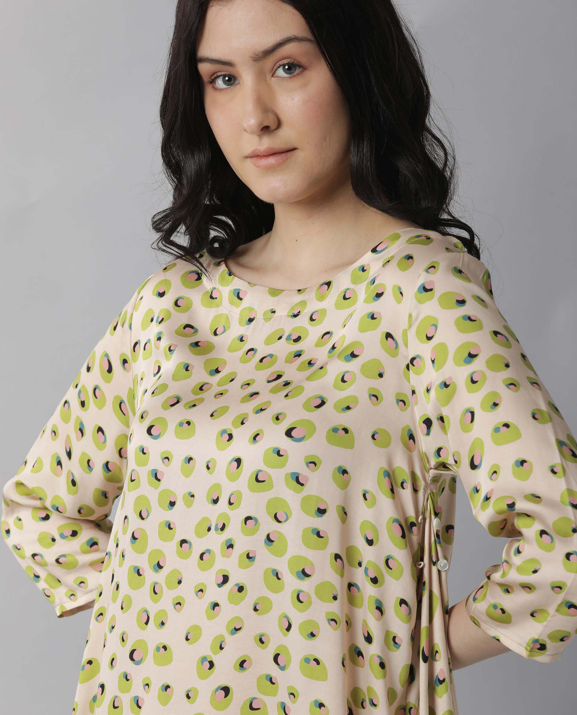 Rareism Womens Slang Beige Dress Modal Fabric Relaxed Fit 3/4 Sleeve Round Neck