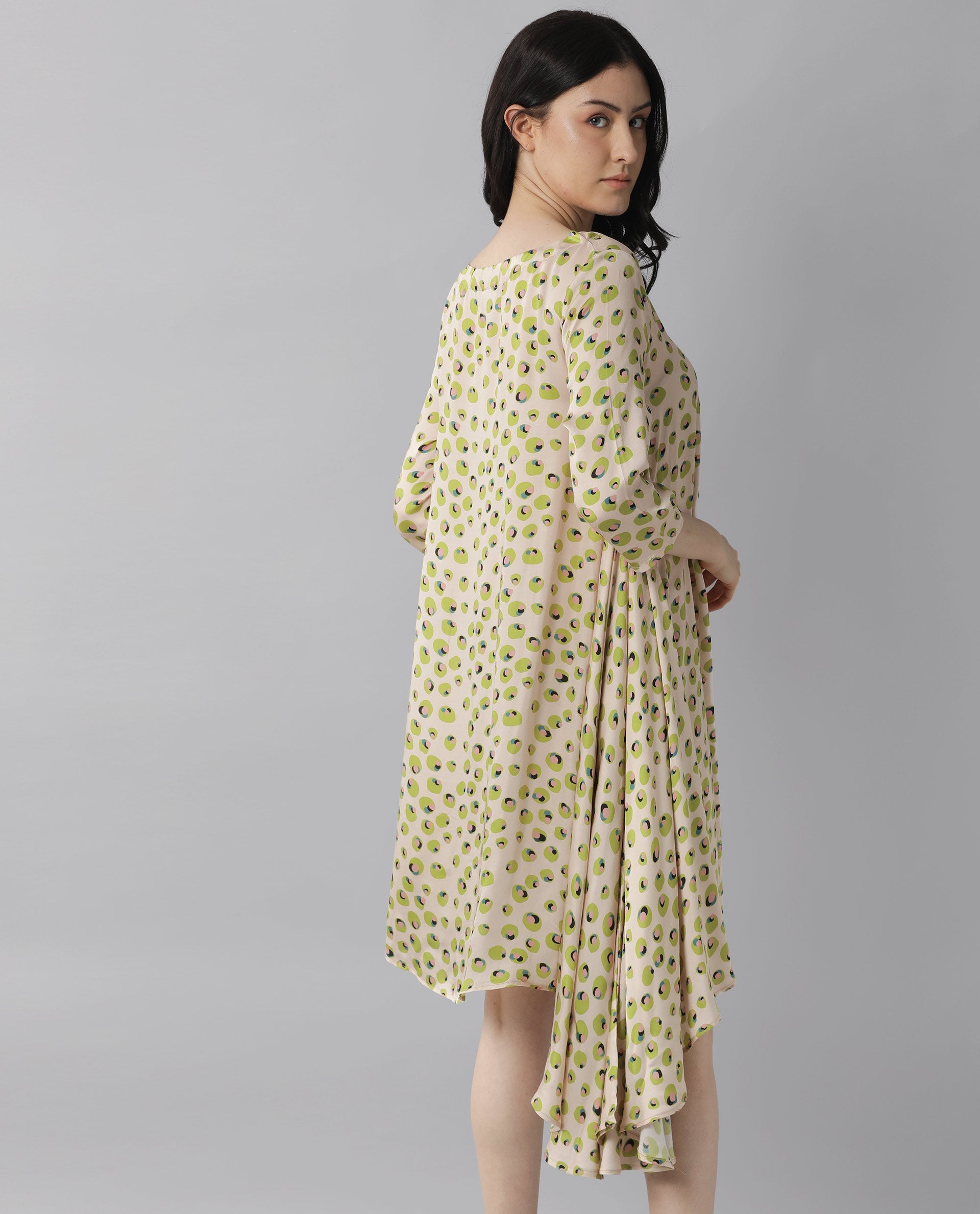 Rareism Womens Slang Beige Dress Modal Fabric Relaxed Fit 3/4 Sleeve Round Neck