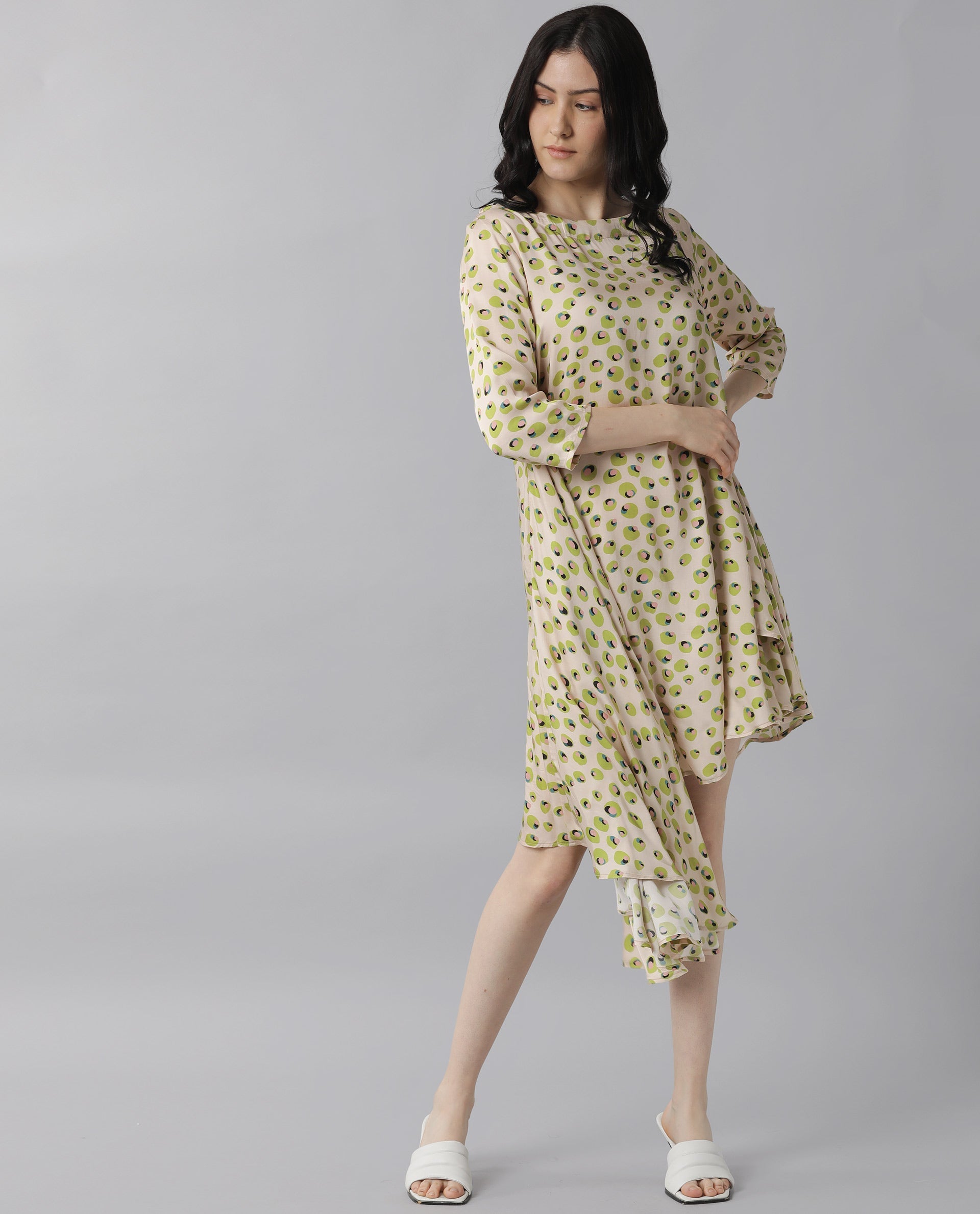 Rareism Womens Slang Beige Dress Modal Fabric Relaxed Fit 3/4 Sleeve Round Neck