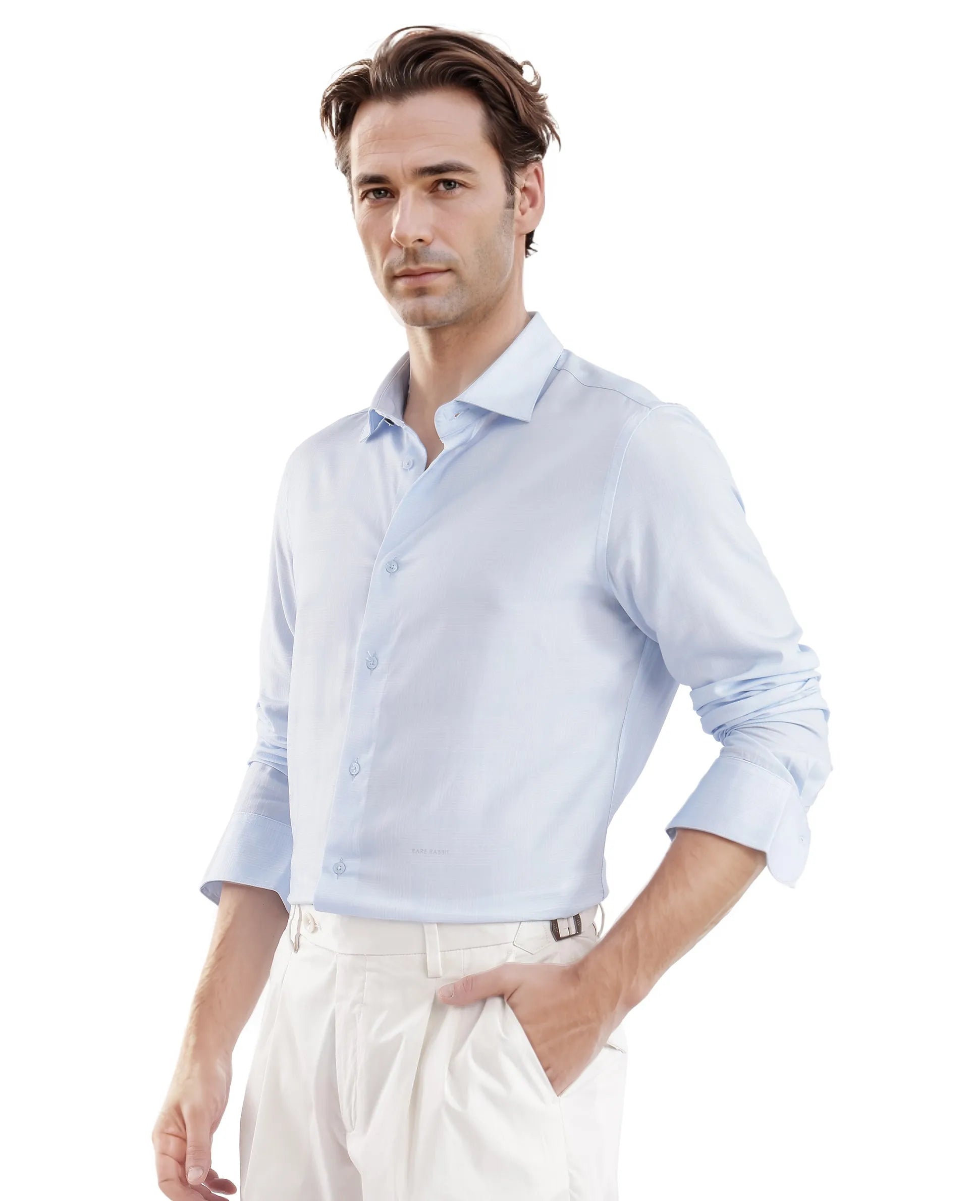 Rare Rabbit Men Sleek Dusky Blue Viscose Fabric Full Sleeve Regular Fit SolidShirt