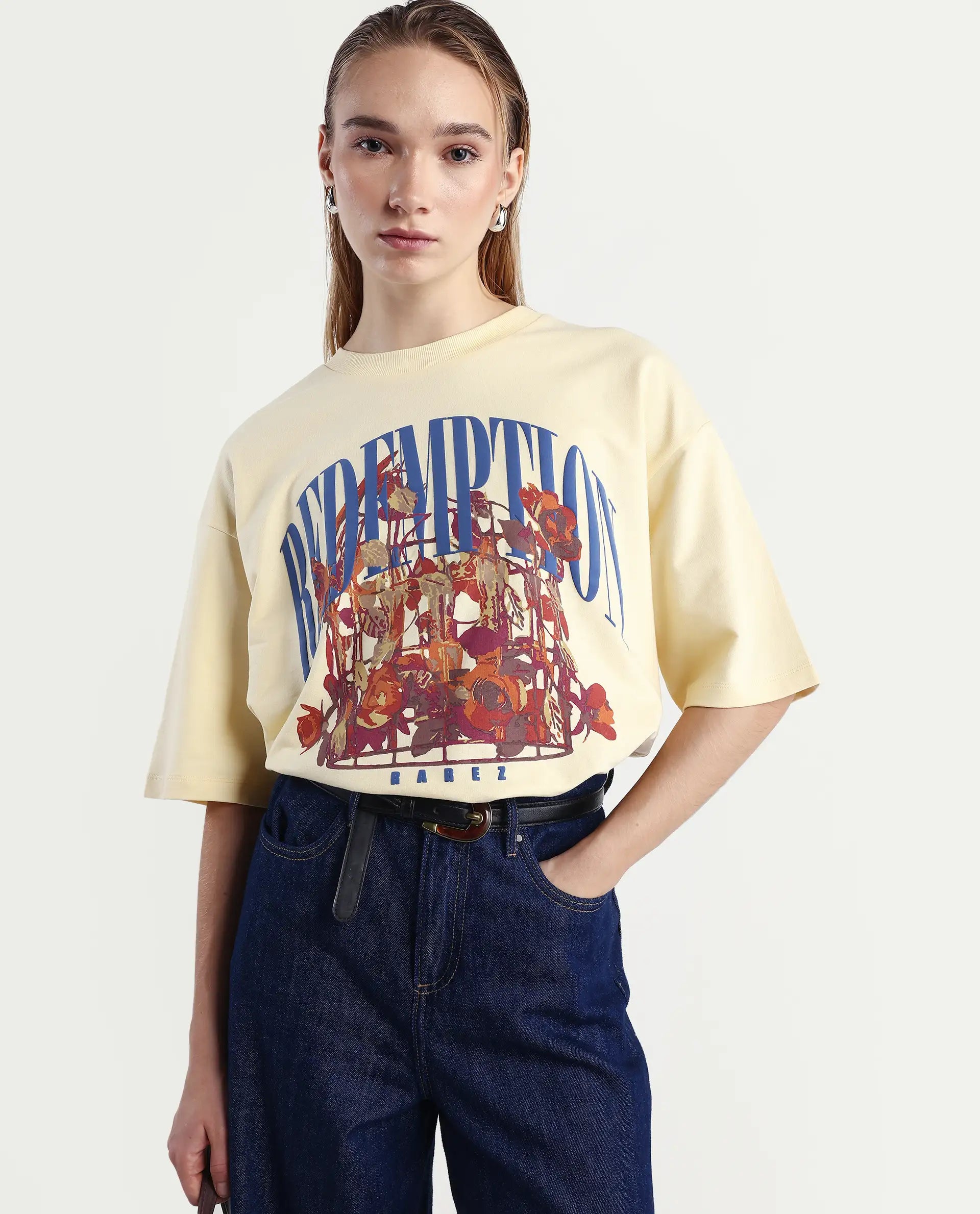 Rareism Women's Sler Dusky Yellow Cotton Crew Neck Graphic Print Oversized T-Shirt
