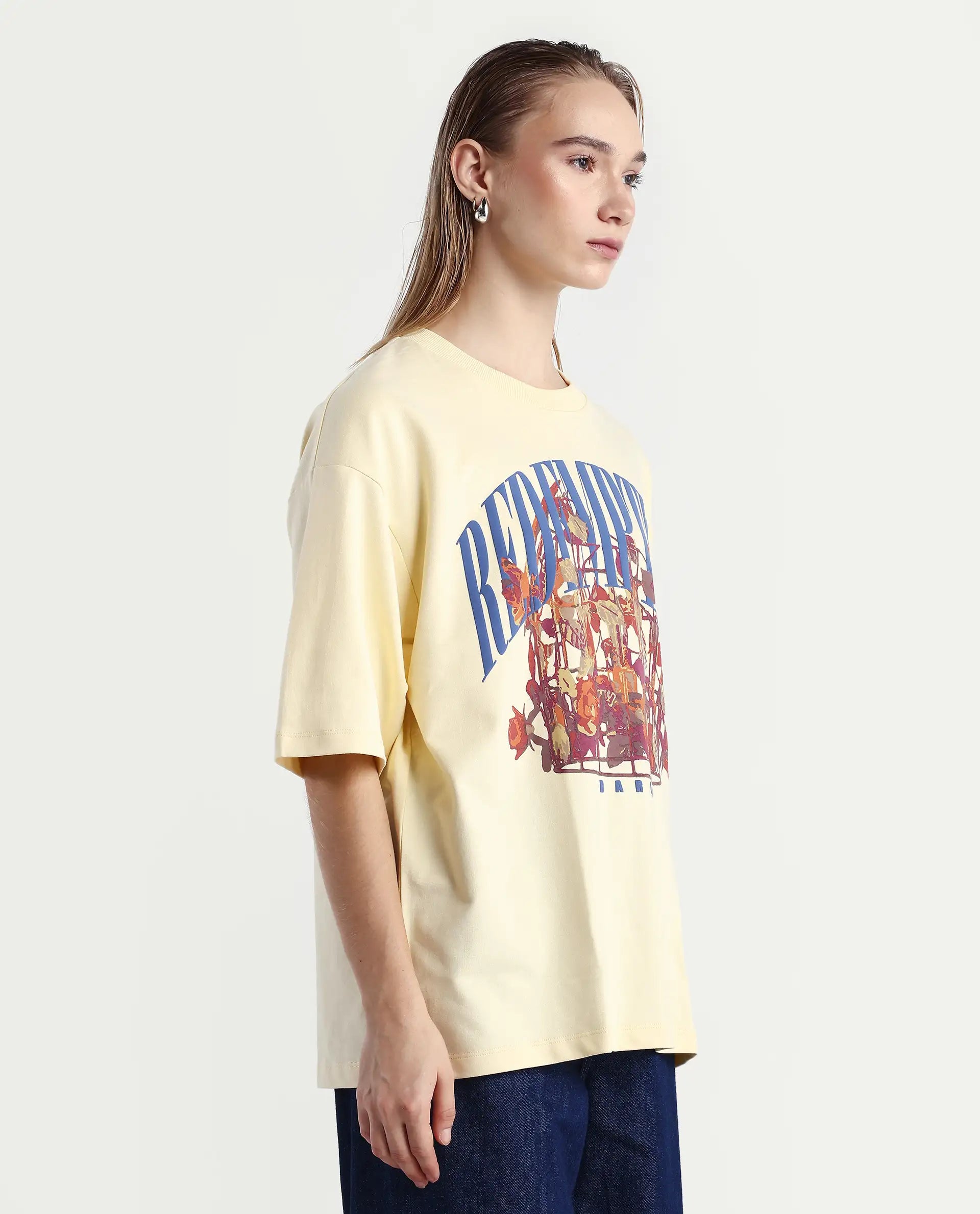 Rareism Women's Sler Dusky Yellow Cotton Crew Neck Graphic Print Oversized T-Shirt