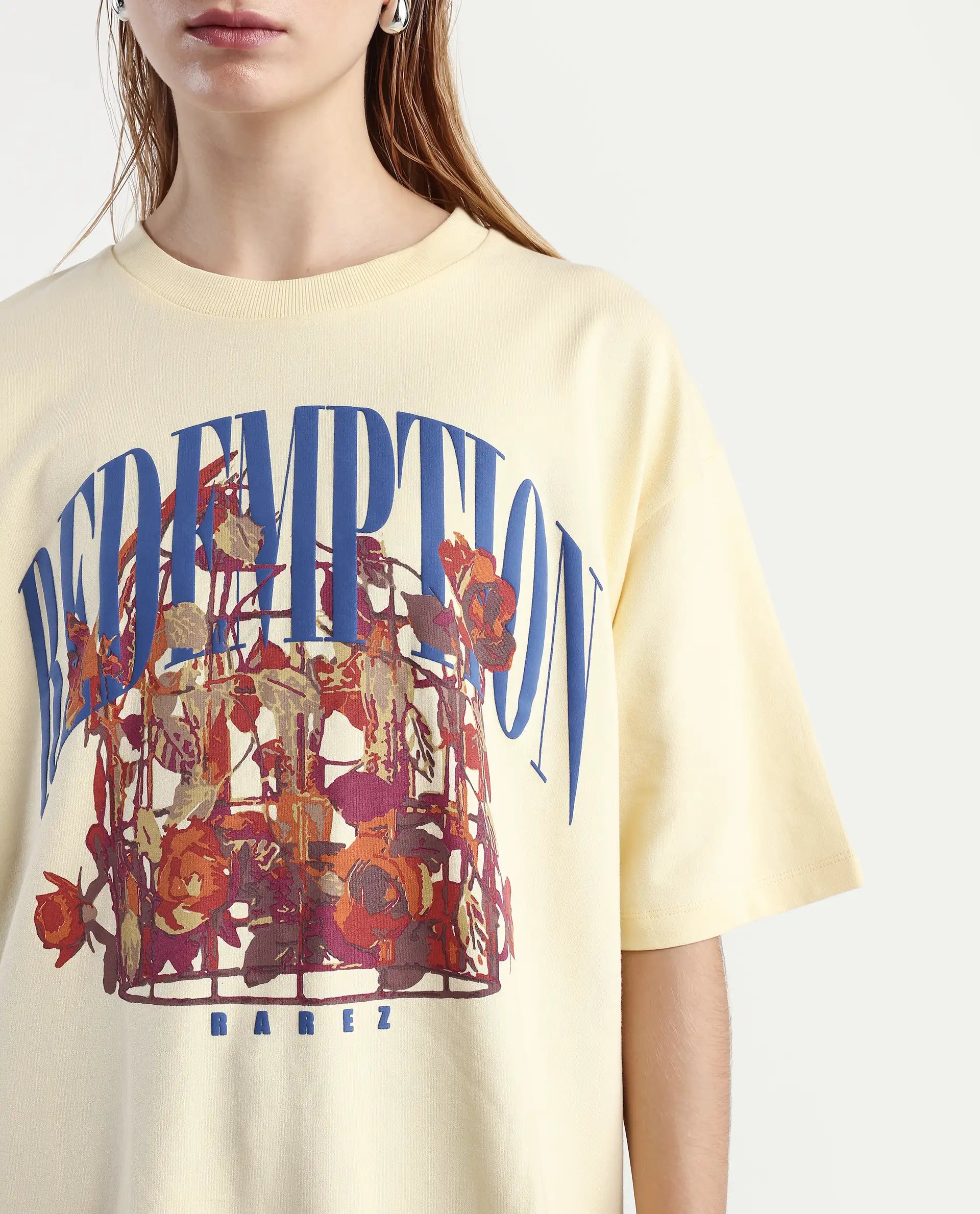 Rareism Women's Sler Dusky Yellow Cotton Crew Neck Graphic Print Oversized T-Shirt