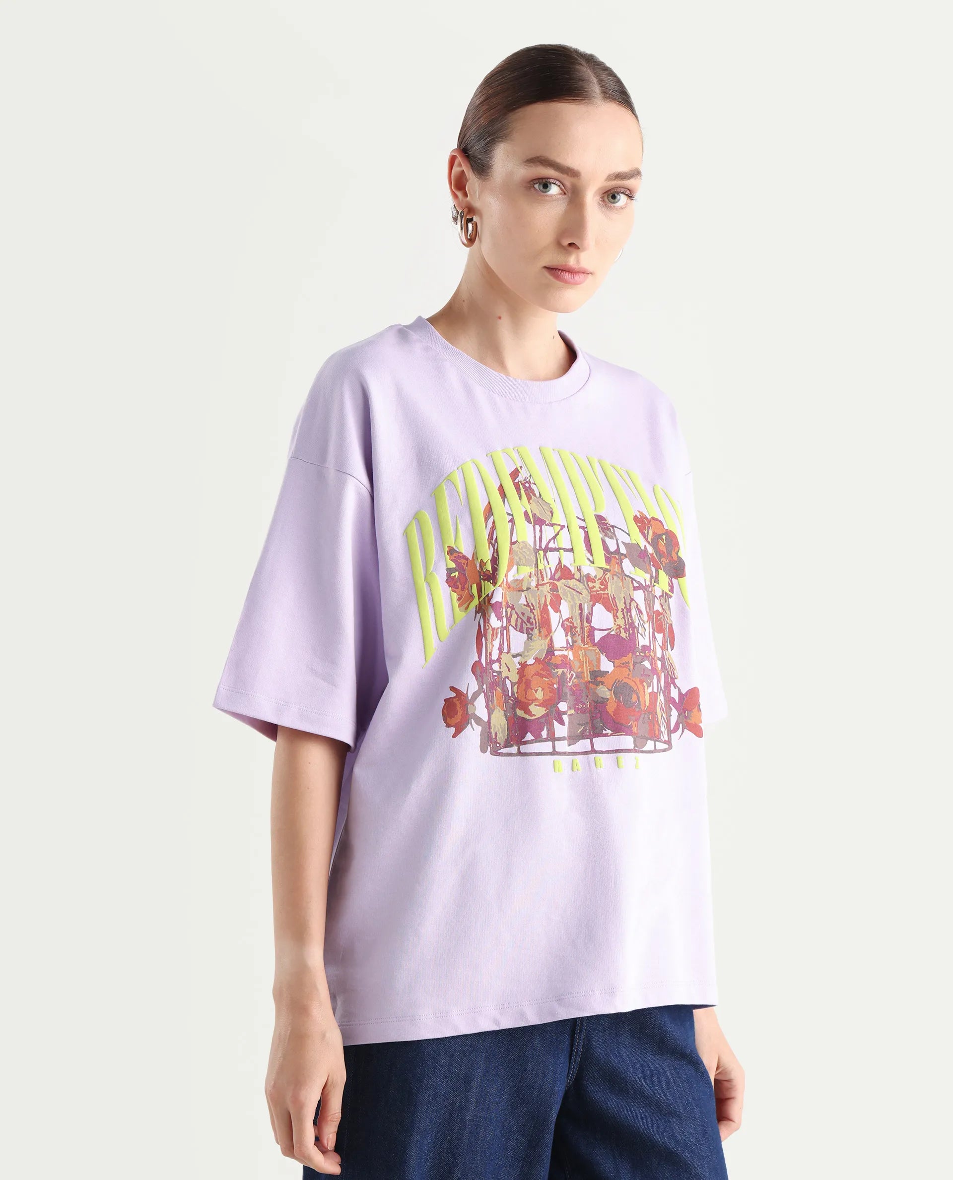 Rareism Women's Sler Light Purple Cotton Crew Neck Graphic Print Oversized T-Shirt