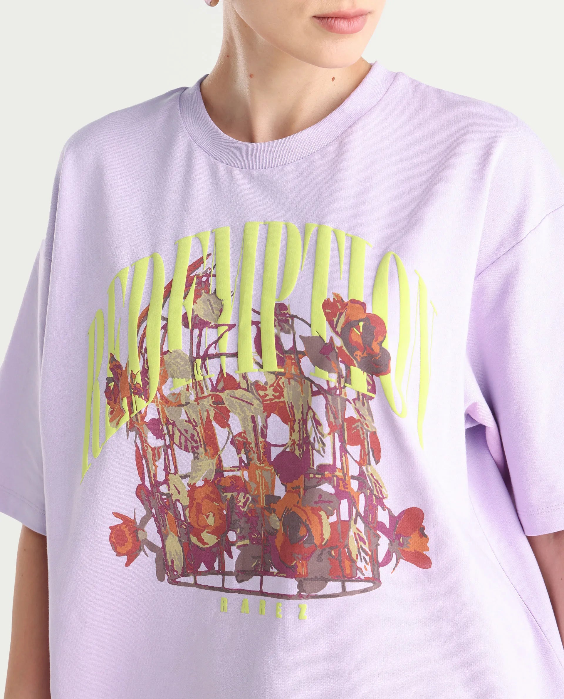 Rareism Women's Sler Light Purple Cotton Crew Neck Graphic Print Oversized T-Shirt