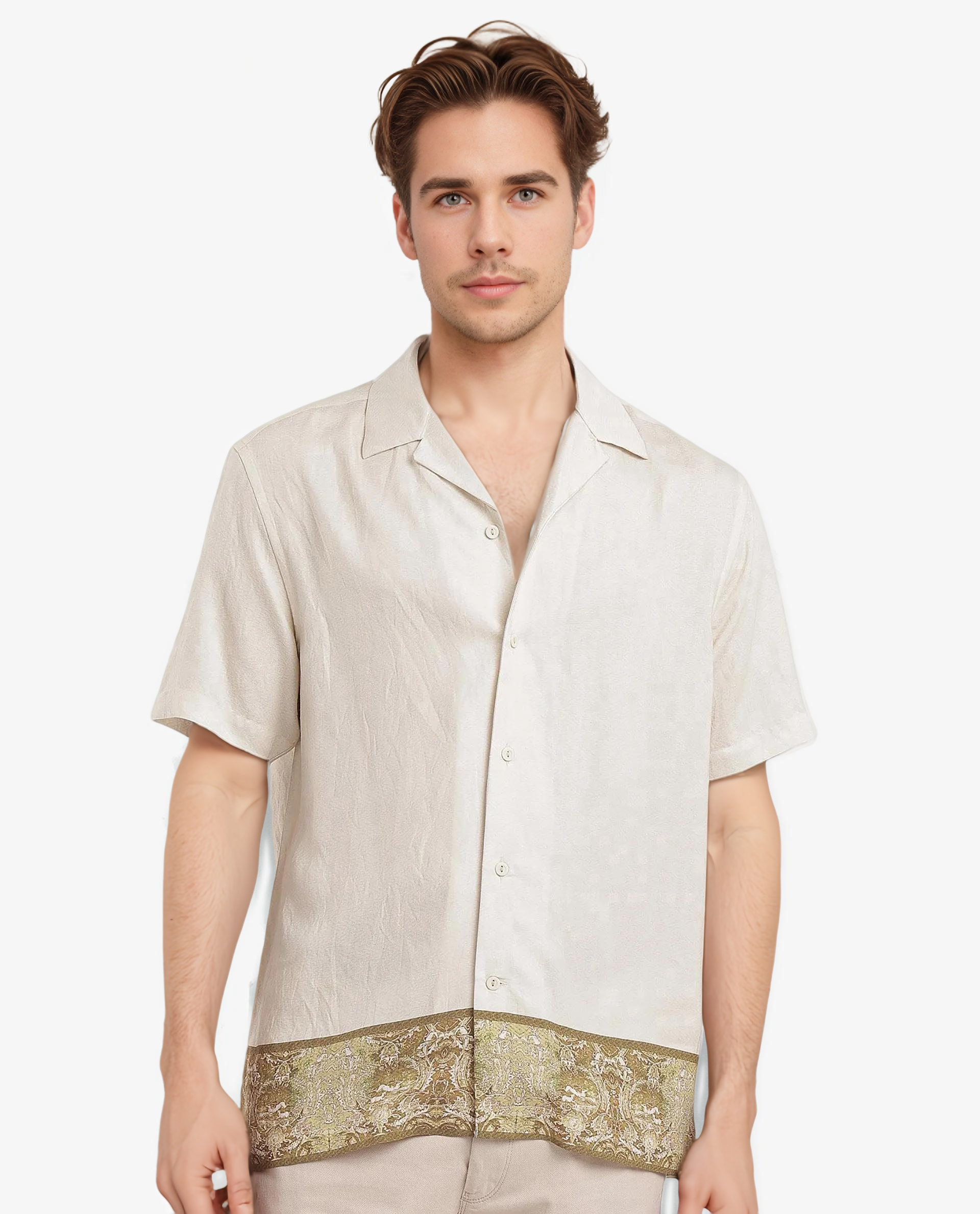 Rare Rabbit Men Slick Beige Cuban Collar Short Sleeve Decorative Placement Print Boxy Fit Shirt