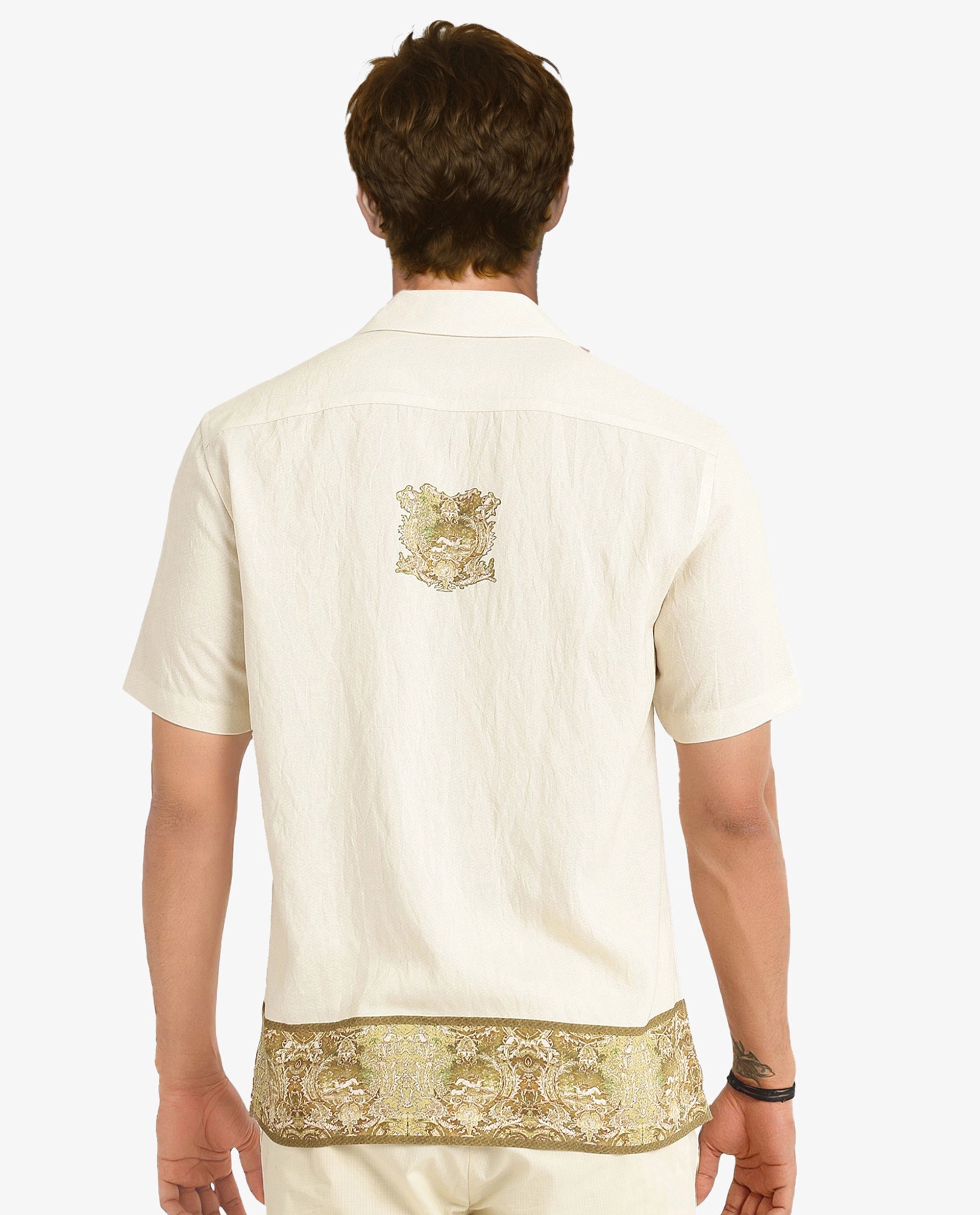 Rare Rabbit Men Slick Beige Cuban Collar Short Sleeve Decorative Placement Print Boxy Fit Shirt