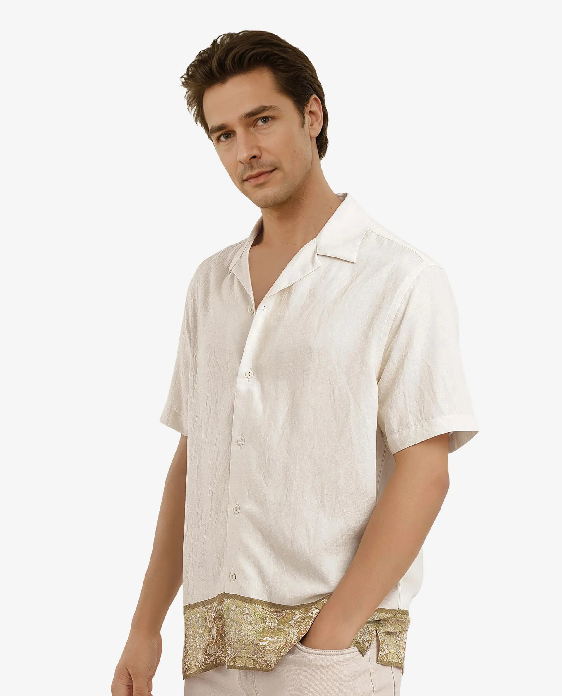 Rare Rabbit Men Slick Beige Cuban Collar Short Sleeve Decorative Placement Print Boxy Fit Shirt