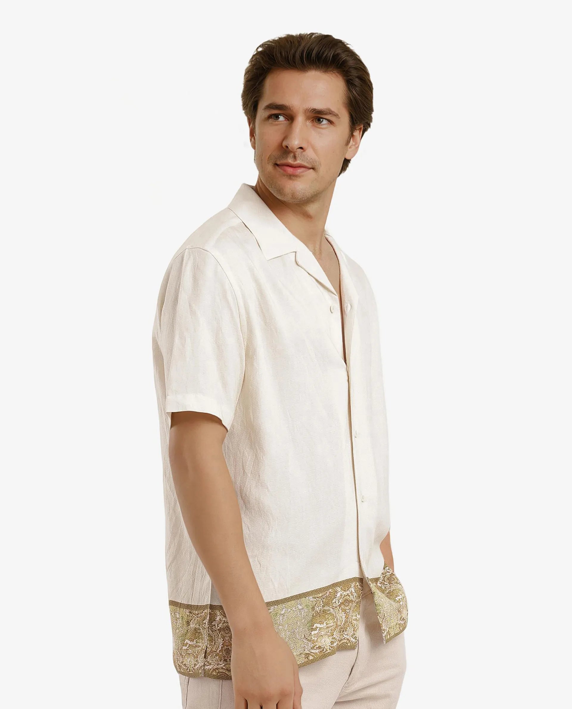 Rare Rabbit Men Slick Beige Cuban Collar Short Sleeve Decorative Placement Print Boxy Fit Shirt