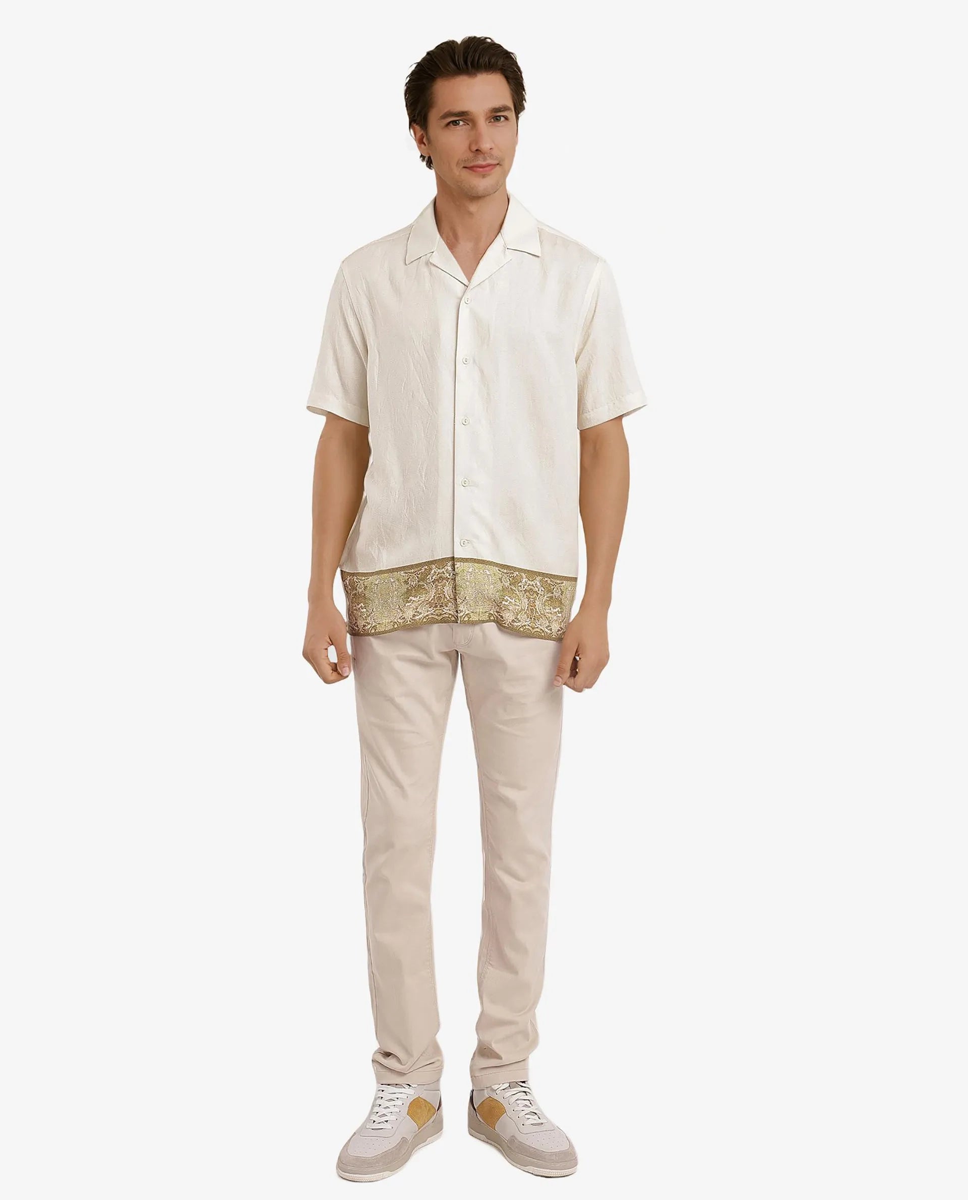 Rare Rabbit Men Slick Beige Cuban Collar Short Sleeve Decorative Placement Print Boxy Fit Shirt