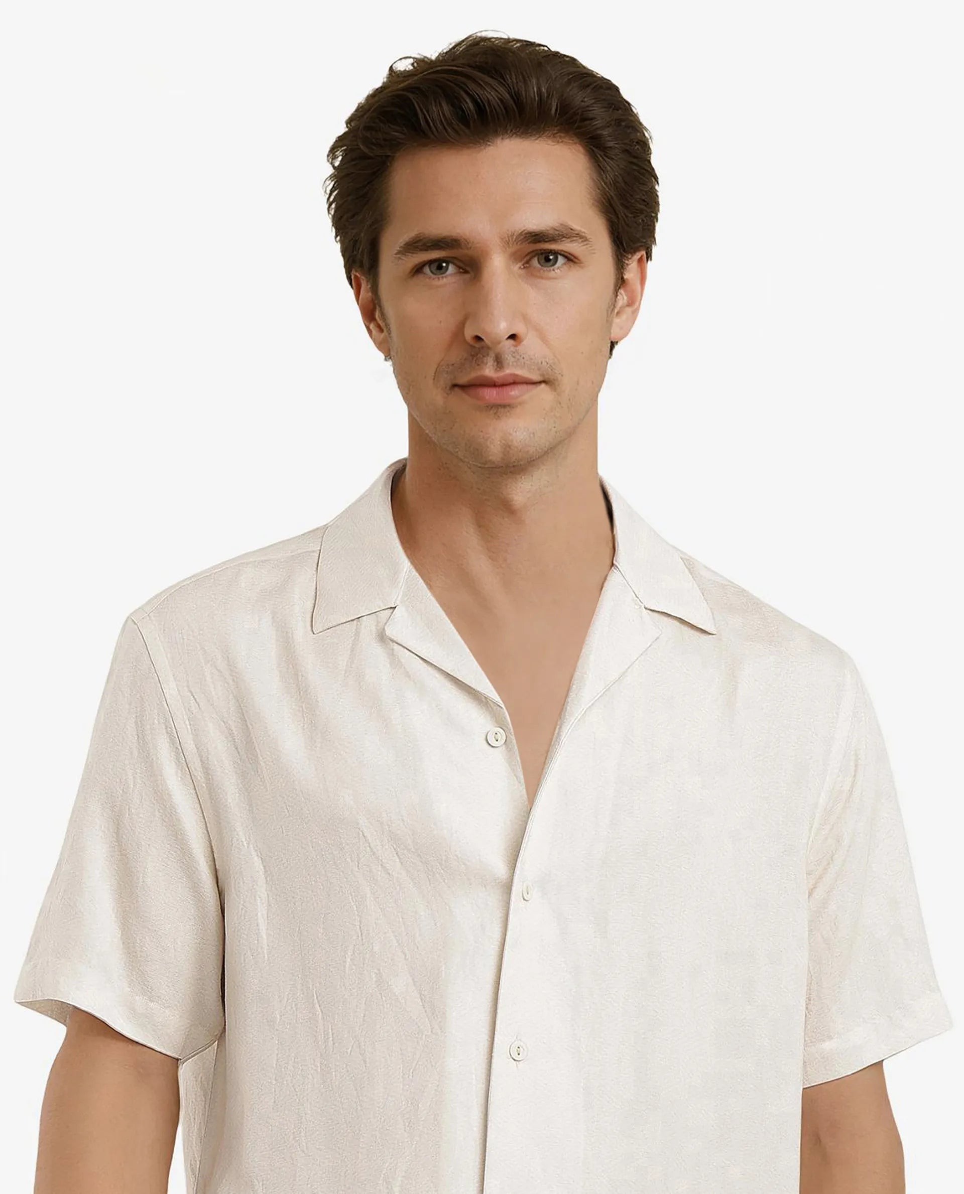 Rare Rabbit Men Slick Beige Cuban Collar Short Sleeve Decorative Placement Print Boxy Fit Shirt