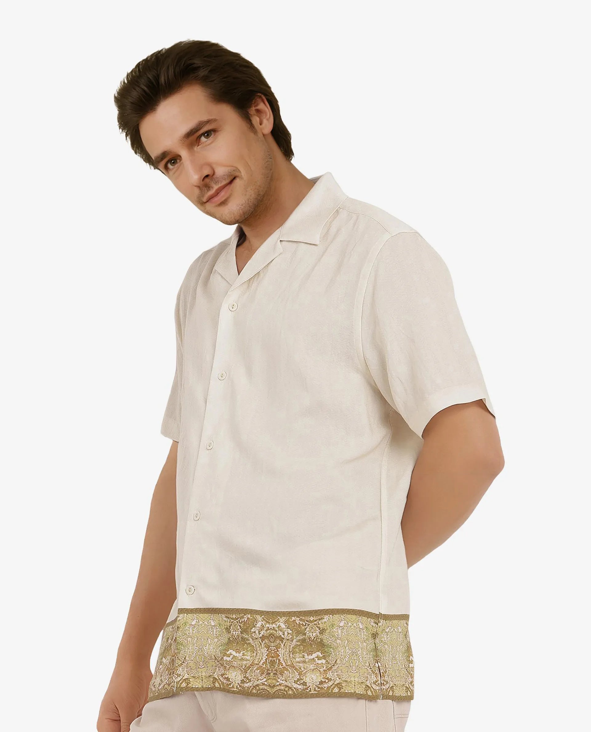 Rare Rabbit Men Slick Beige Cuban Collar Short Sleeve Decorative Placement Print Boxy Fit Shirt