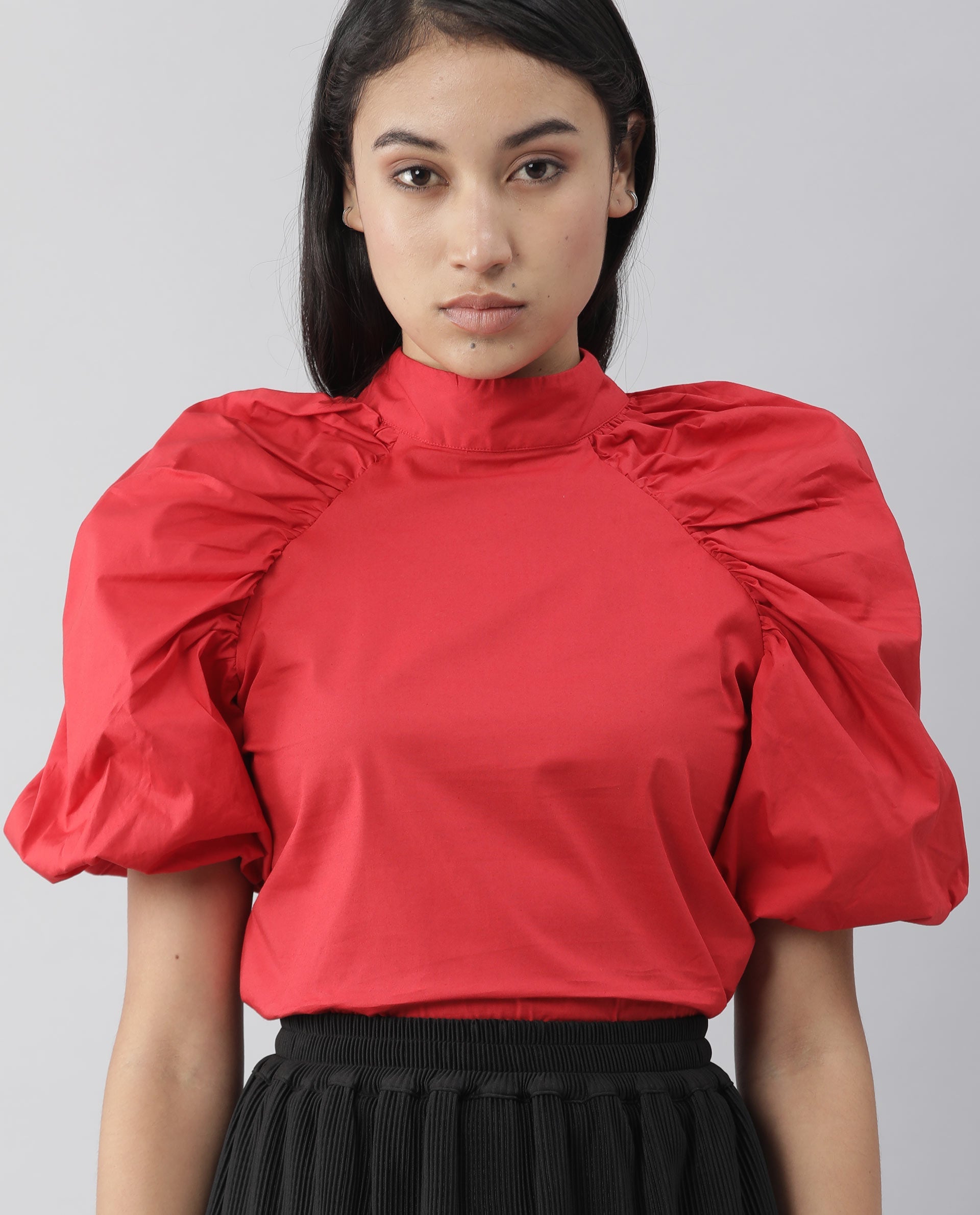 Rareism Womens Slosh Red Top Cotton Lycra Fabric Regular Fit Puff Sleeves High Neck