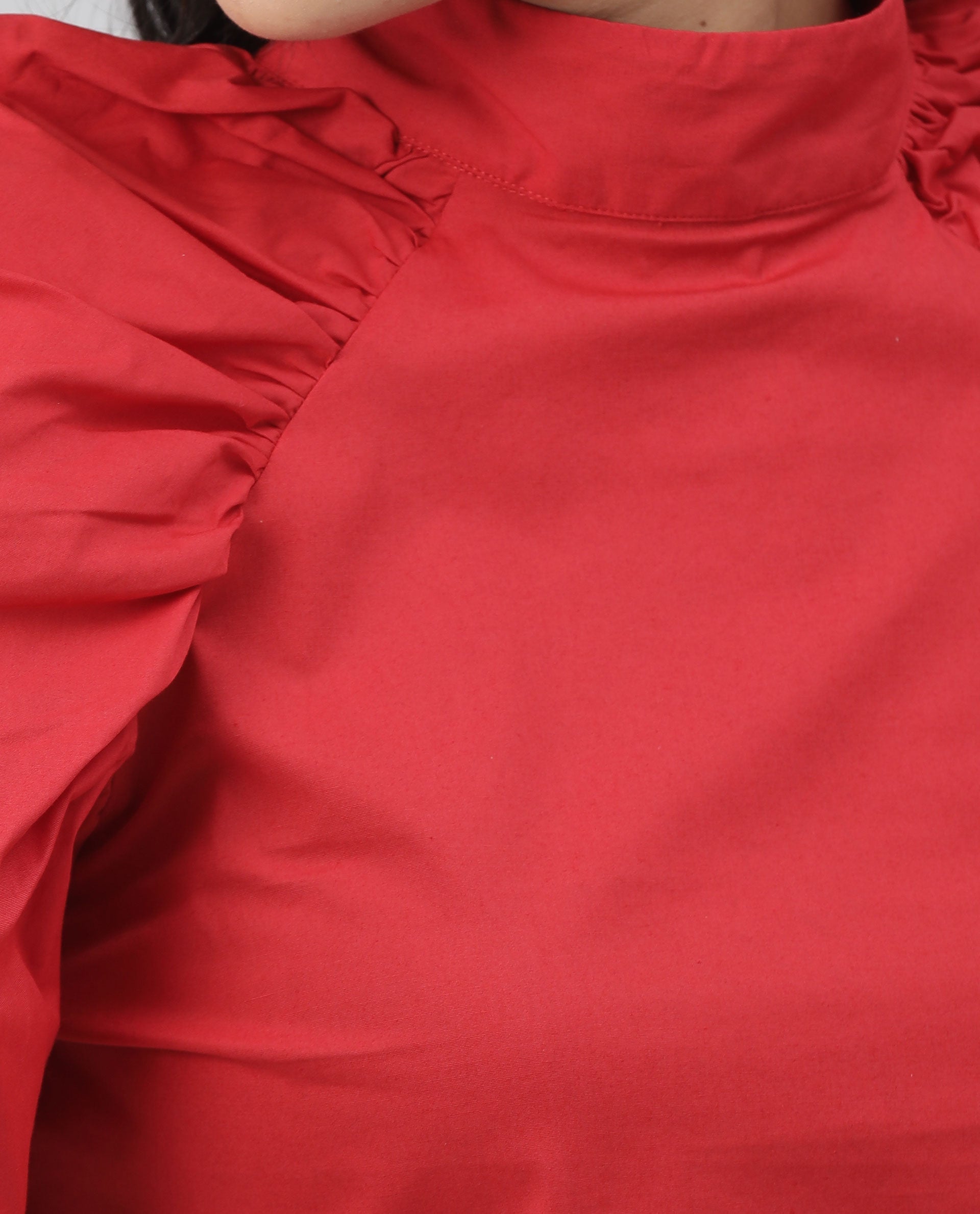 Rareism Womens Slosh Red Top Cotton Lycra Fabric Regular Fit Puff Sleeves High Neck
