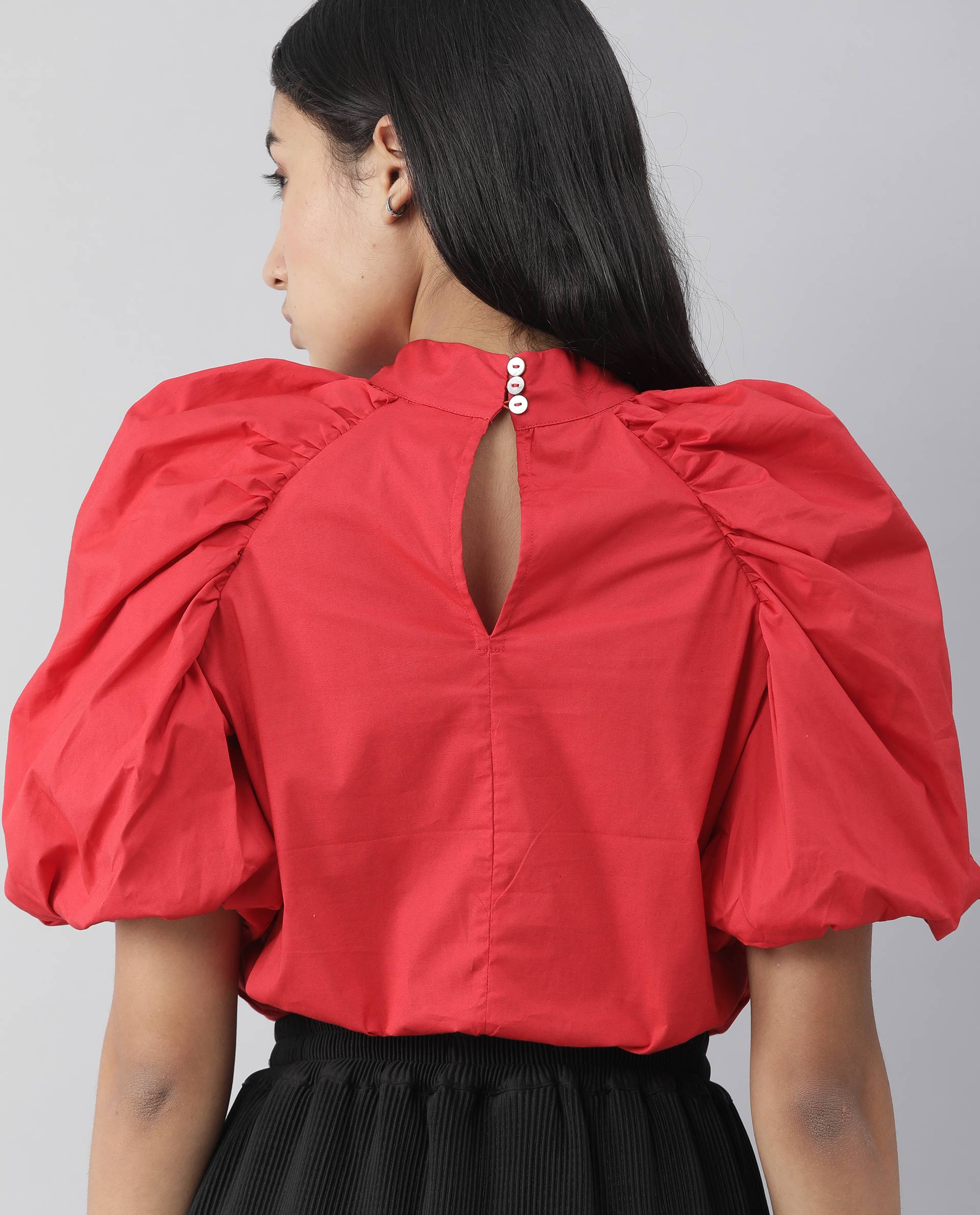 Rareism Womens Slosh Red Top Cotton Lycra Fabric Regular Fit Puff Sleeves High Neck