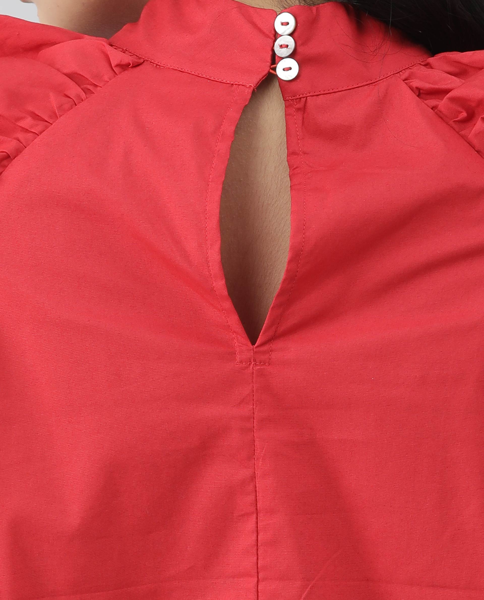 Rareism Womens Slosh Red Top Cotton Lycra Fabric Regular Fit Puff Sleeves High Neck