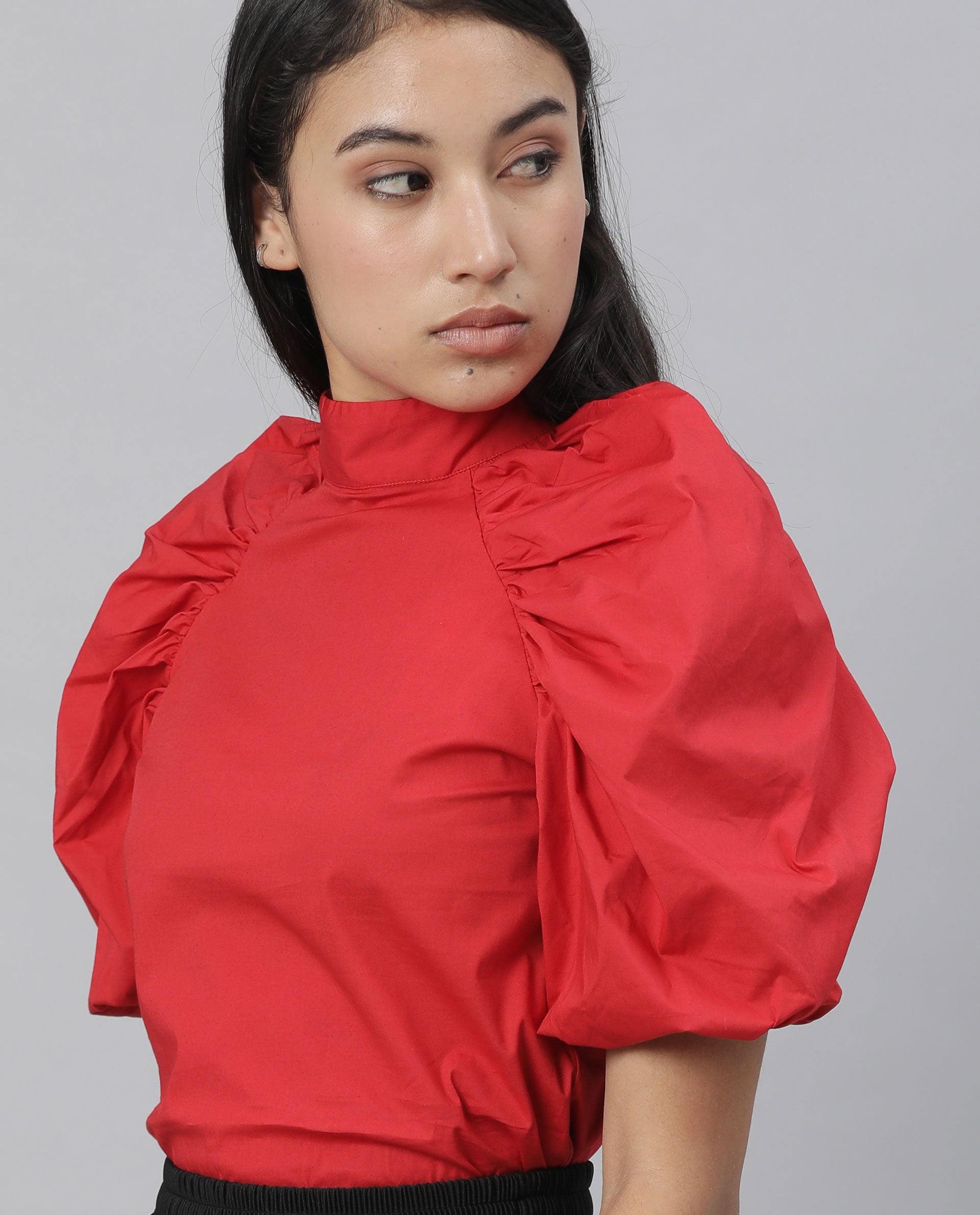 Rareism Womens Slosh Red Top Cotton Lycra Fabric Regular Fit Puff Sleeves High Neck
