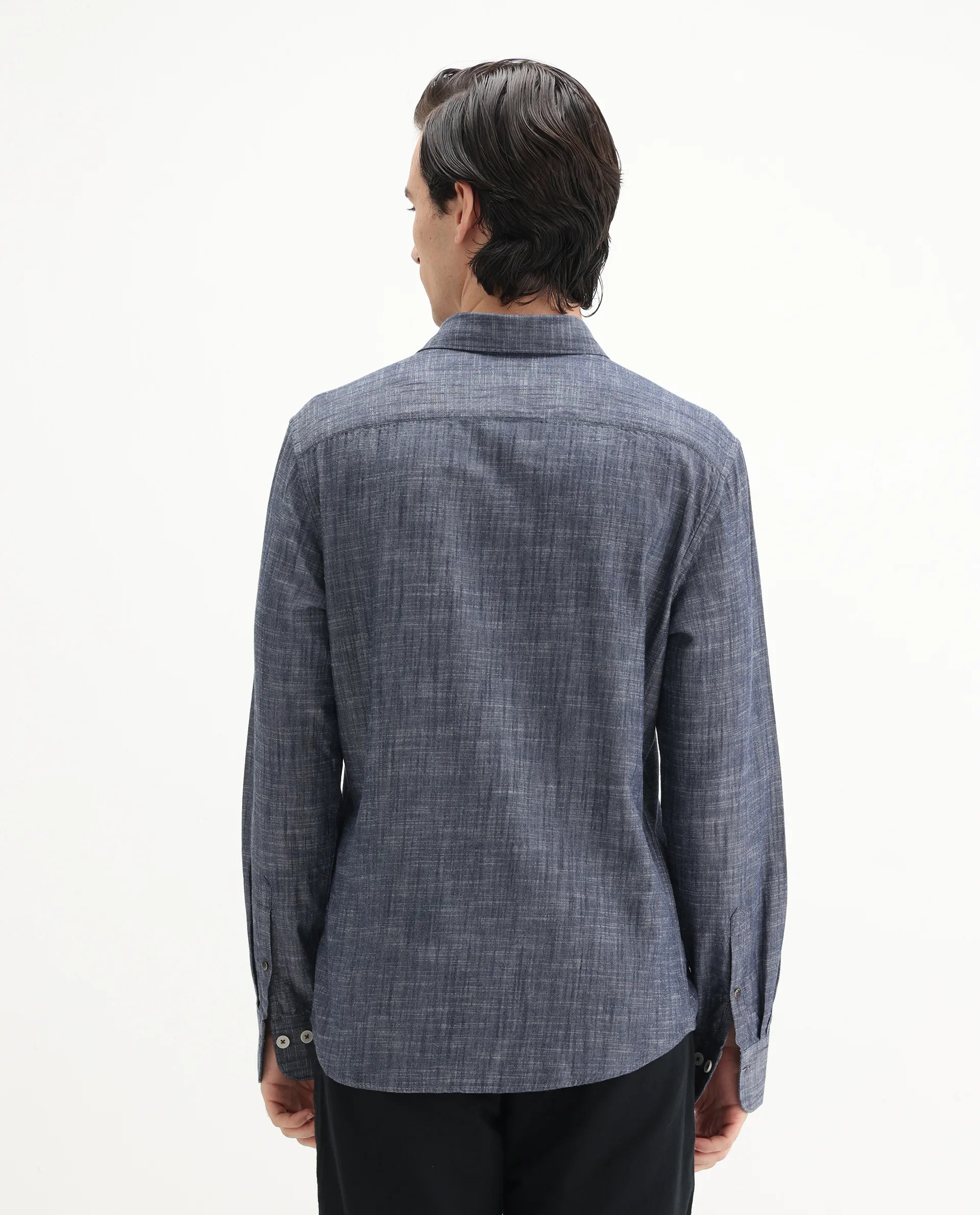 Rare Rabbit Men's Slub Dark Blue Cotton Plain Regular Fit Full Sleeve Collared Shirt