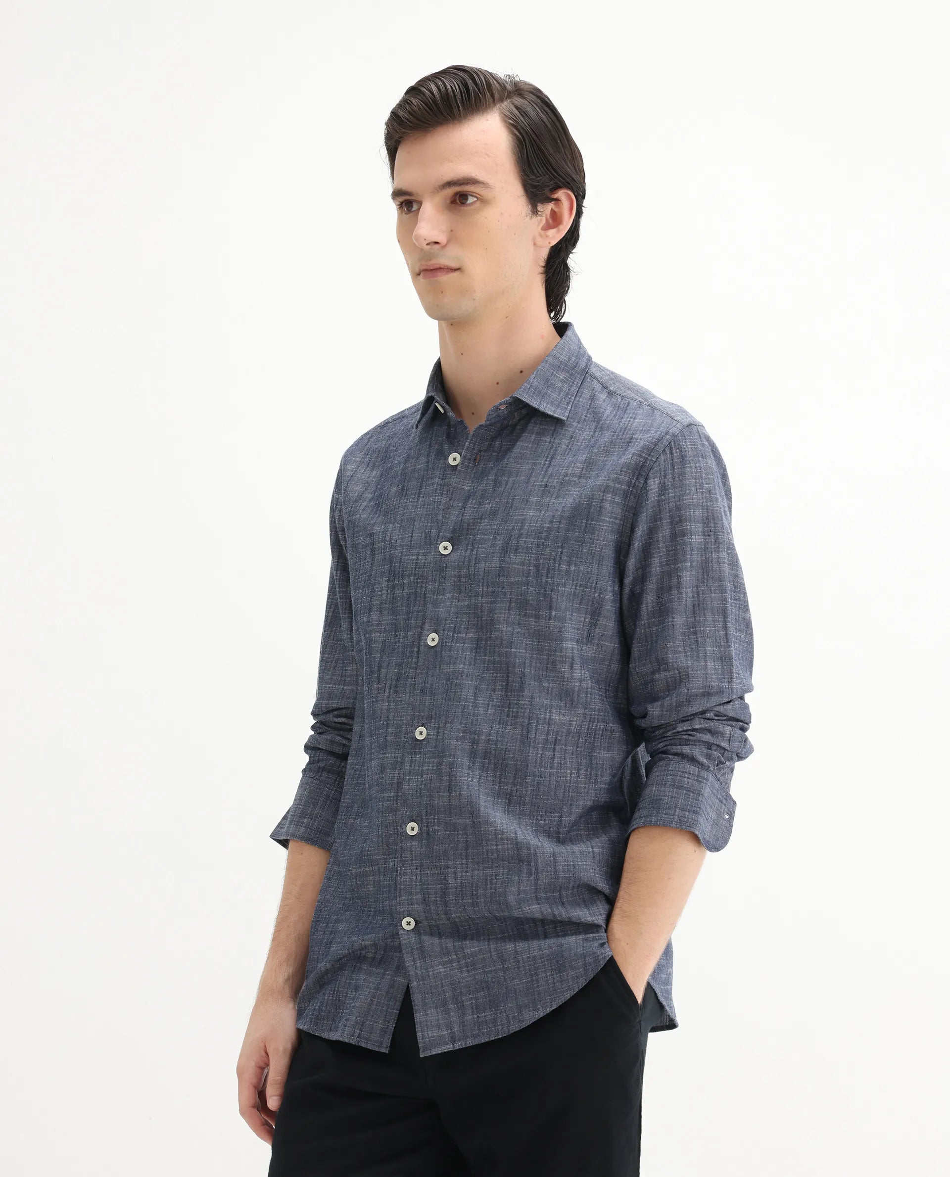 Rare Rabbit Men's Slub Dark Blue Cotton Plain Regular Fit Full Sleeve Collared Shirt