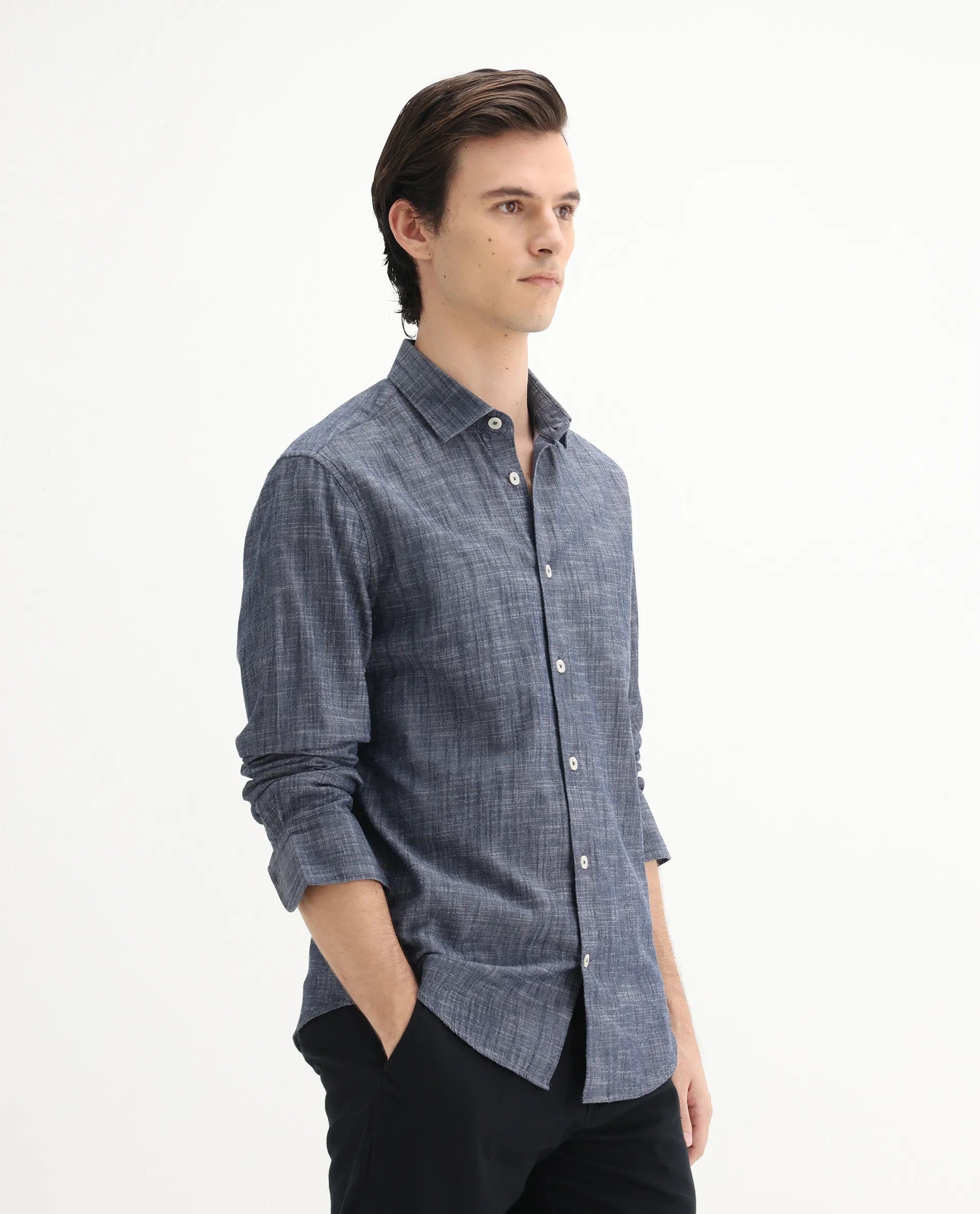 Rare Rabbit Men's Slub Dark Blue Cotton Plain Regular Fit Full Sleeve Collared Shirt