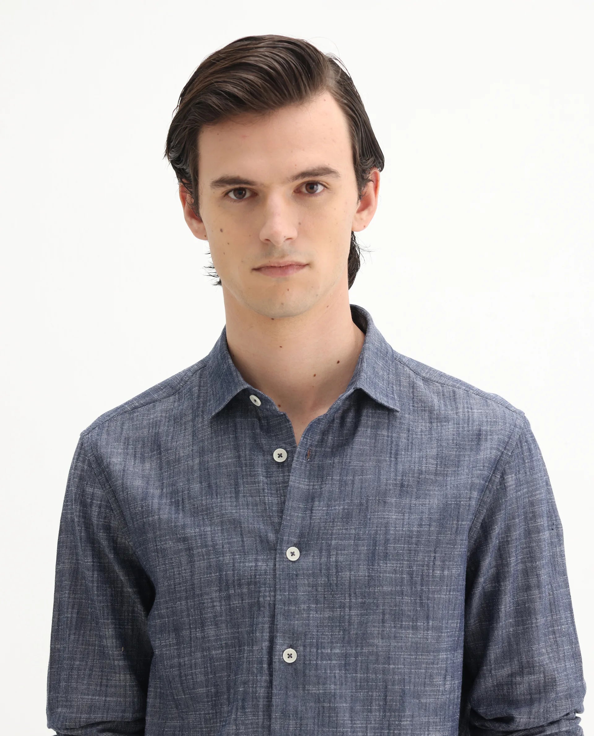 Rare Rabbit Men's Slub Dark Blue Cotton Plain Regular Fit Full Sleeve Collared Shirt