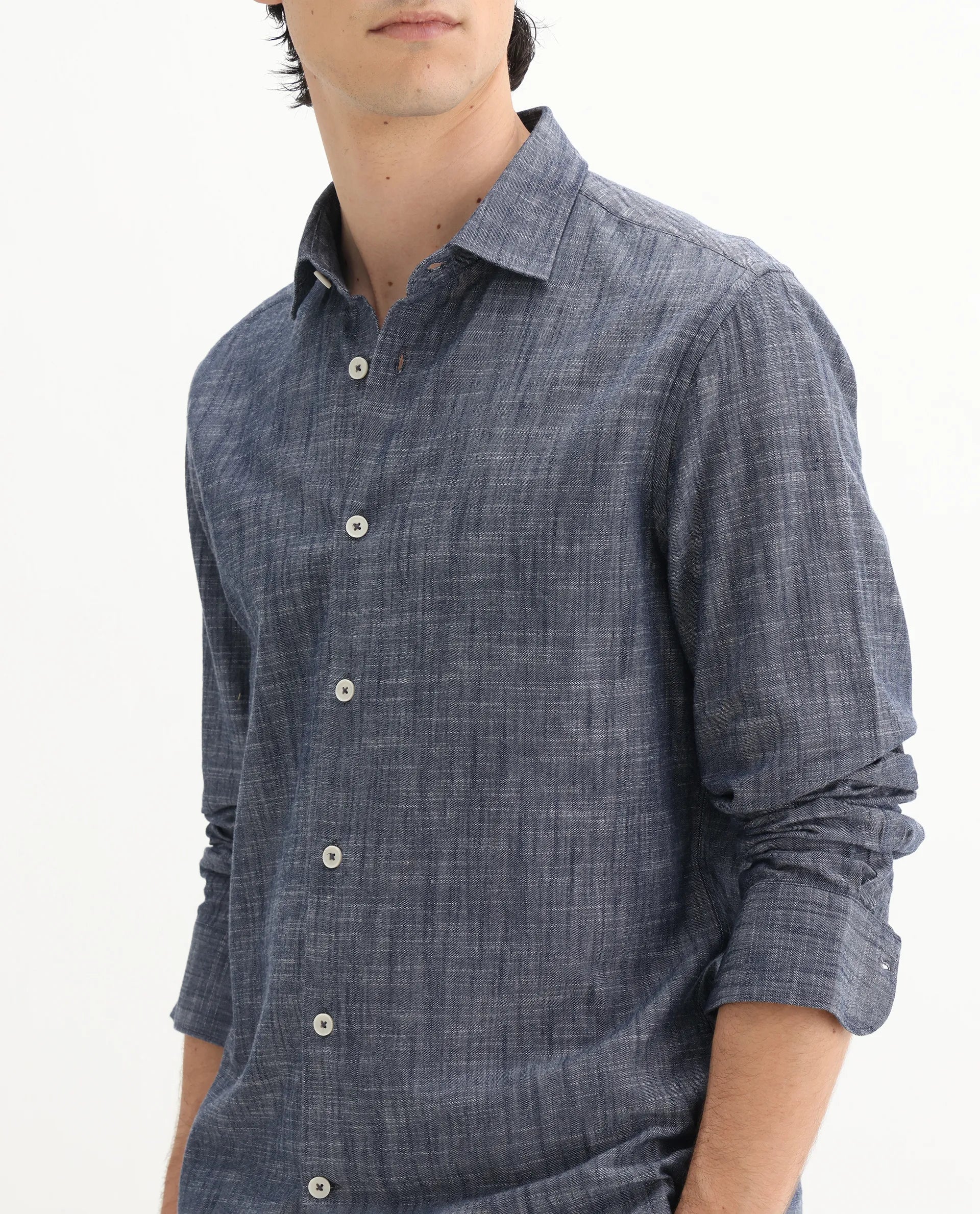 Rare Rabbit Men's Slub Dark Blue Cotton Plain Regular Fit Full Sleeve Collared Shirt