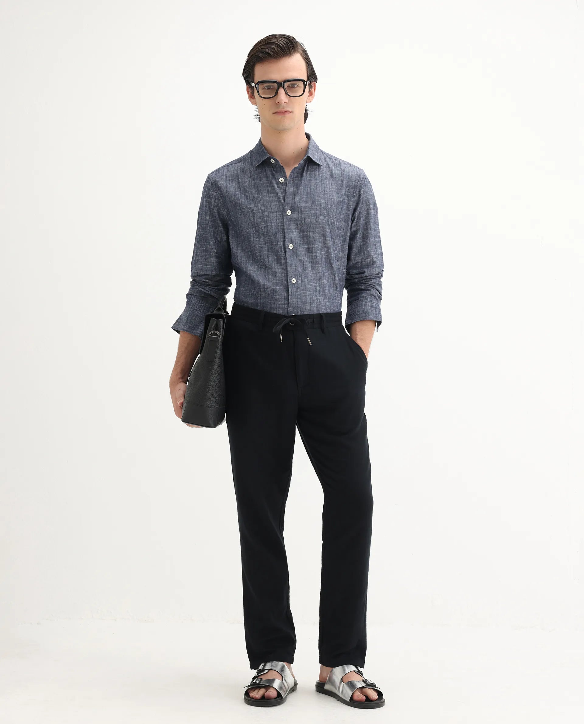 Rare Rabbit Men's Slub Dark Blue Cotton Plain Regular Fit Full Sleeve Collared Shirt